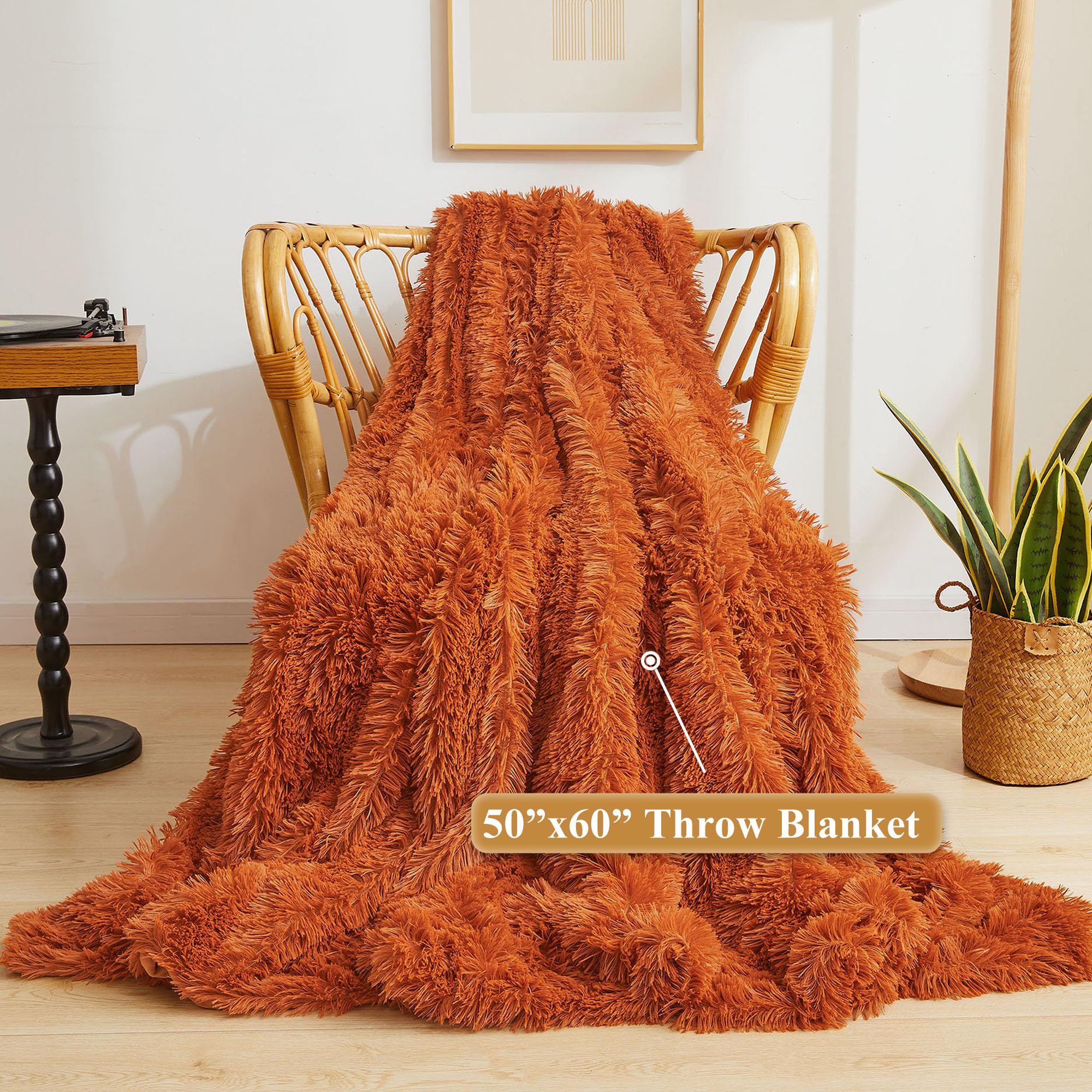 XeGe Luxury Faux Fur Throw, Burnt Orange Soft Fluffy Blanket Single, Shaggy Plush Decorative Couch Throw - Image 2