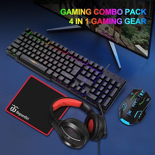 Miniatura 7 de Teclado y mouse para juegos, auriculares, alfombrilla de mouse, combo todo en uno para jugadores de PC y usuarios de Xbox y PS4