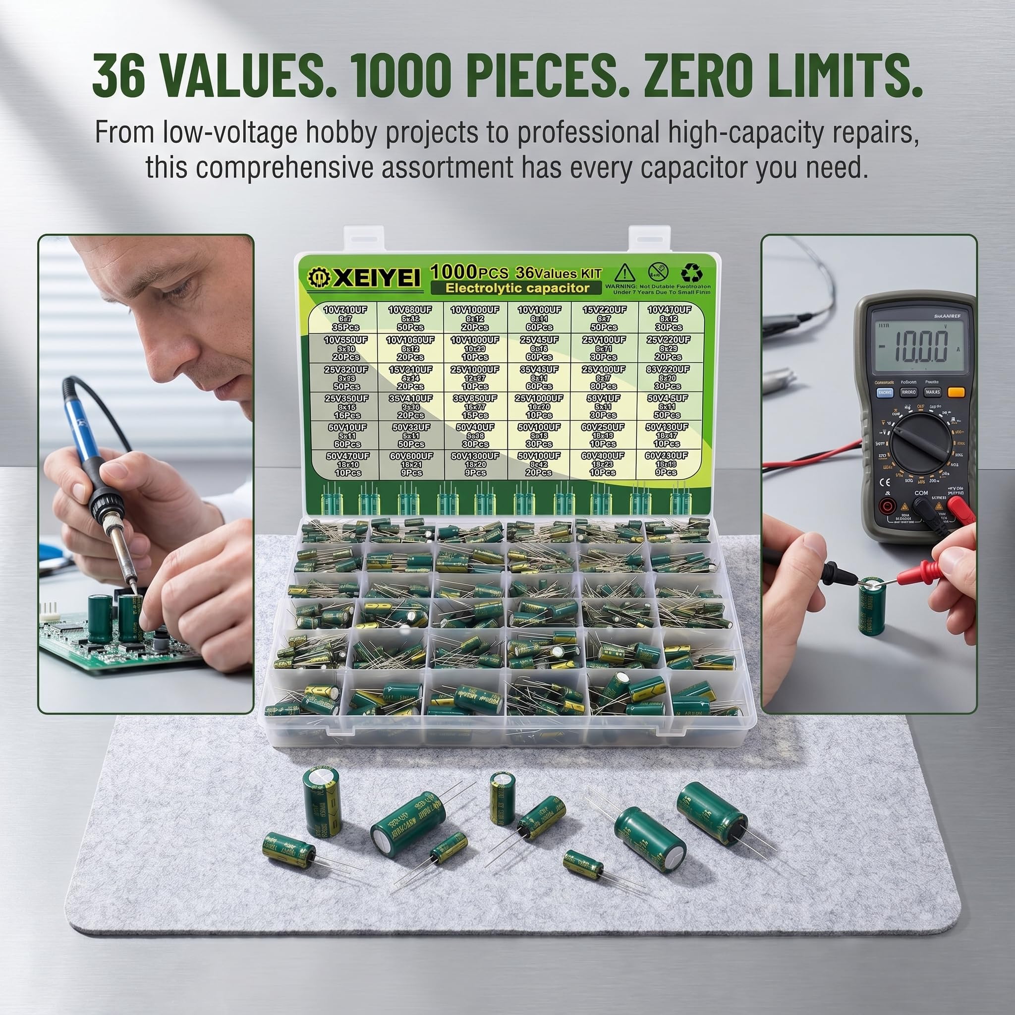 Elkos Kondensator 36 Wert 1000Stk Elektrolytkondensator Set | Elektrolytkondensator Sortimentsbox Set 1uF-1500uF Niedriger ESR Aluminium Capacitor Kit Electrolytic Capacitors