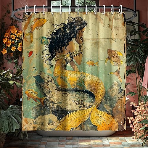 KAIRA Cortina de ducha de sirena, decoración vintage de sirena oceánica, 72 x 72 pulgadas, decoración vintage de baño, tela de poliéster impermeable