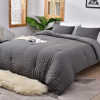AveLom Seersucker Queen Comforter Set (90x90 inches), 3 Pieces- 100% Soft Washed Microfiber Lightweight Comforter with 2 Pillowcases, All Season Down Alternative Comforter Set for Bedding, Grey