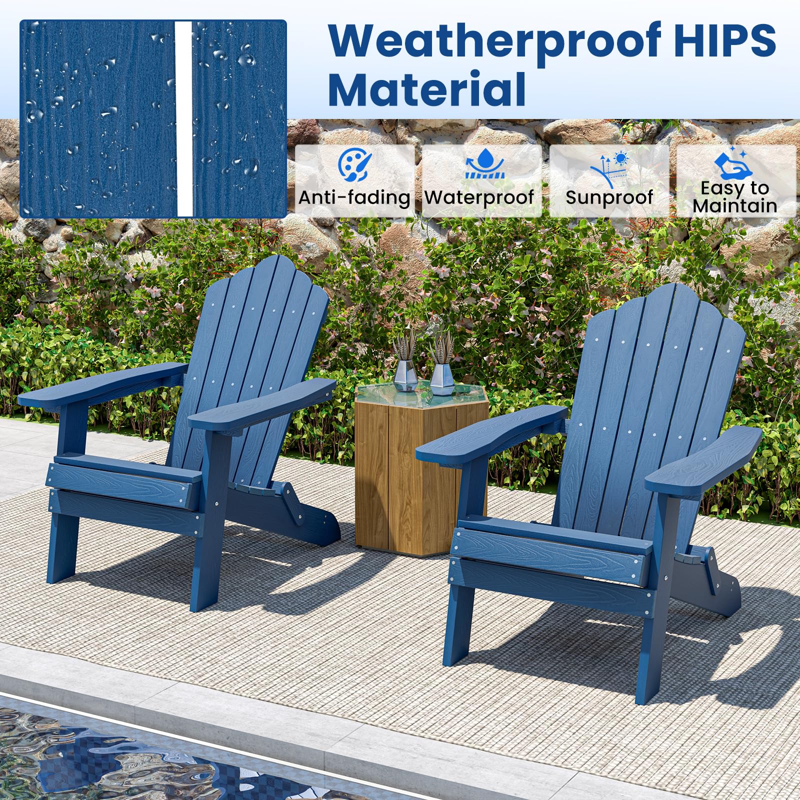 GIANTEX Silla Adirondack Plegable de Jardín, Respaldo Inclinado y Reposabrazos Anchos, Carga hasta 180 kg, Silla de Relax para Jardín, Patio, Balcón (Azul)