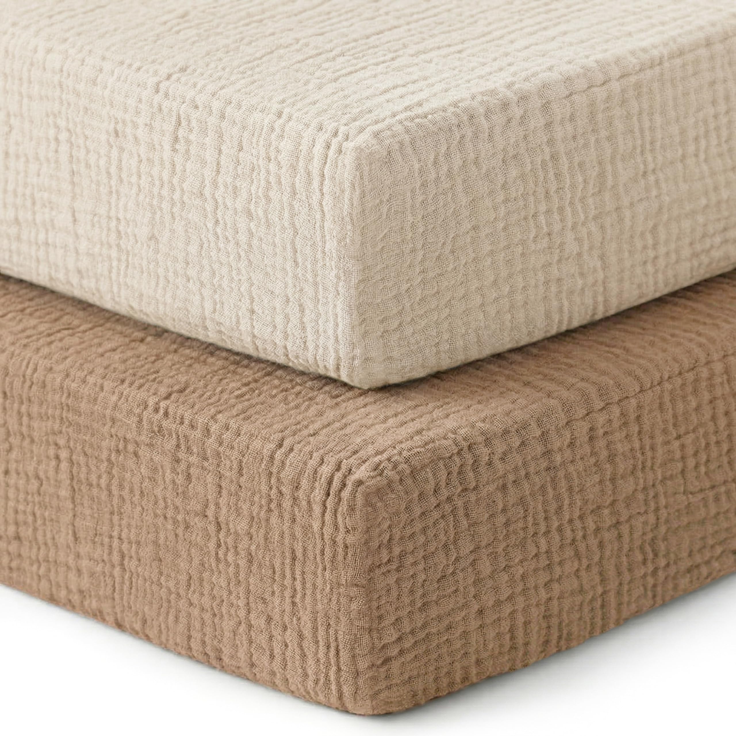 Photo 1 of Pro Goleem Muslin Crib Sheets, 100% Cotton Crib Sheets for Boy Girl, 2 Pack Breathable Soft Neutral Baby Bed Sheets Set, Fits Standard Crib Mattress & Toddler Mattress 52"x28", (Brown?Beige)