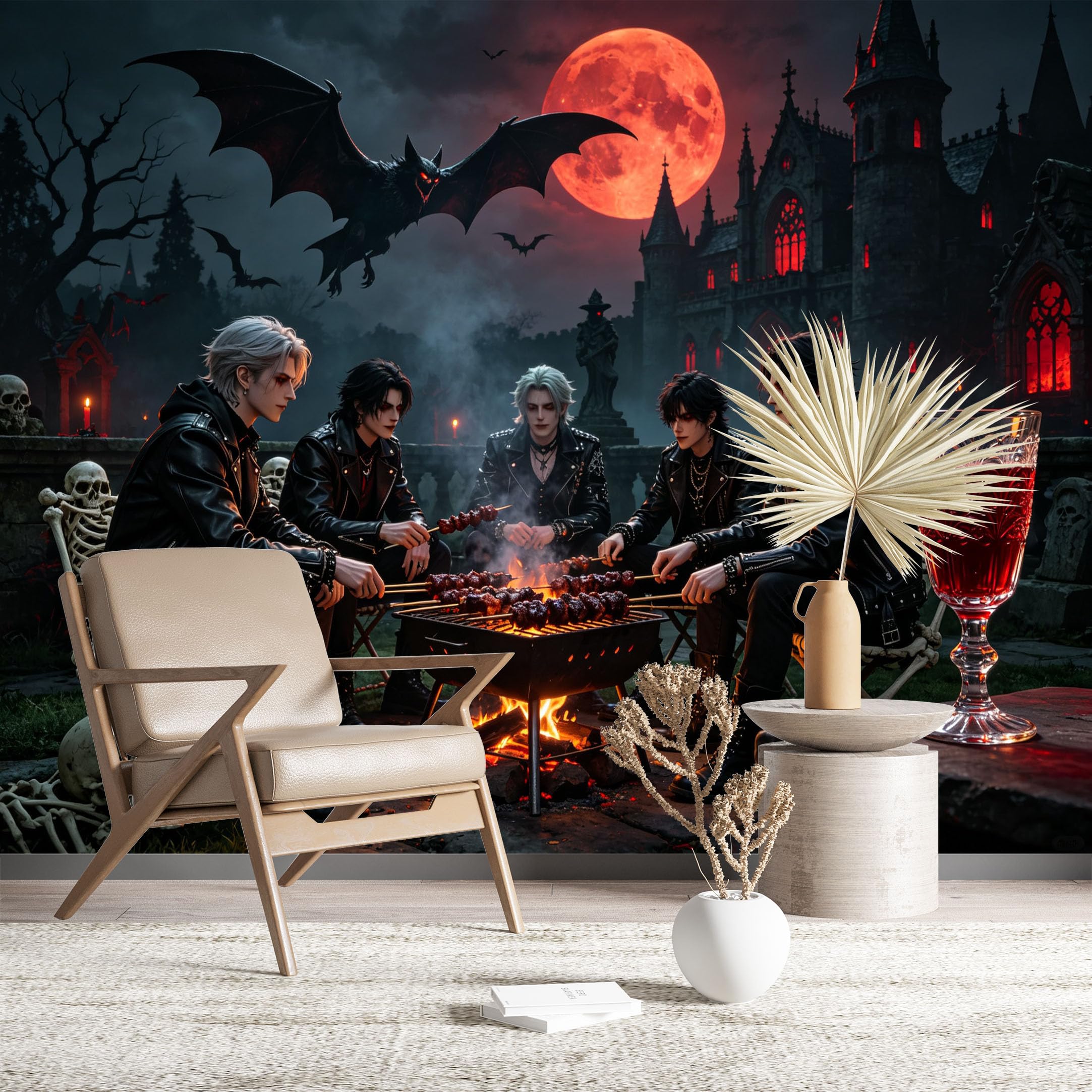 Custom Size Wall Murals Gothic Vampire BBQ at Castle Night Wall Murals Fantasy Wallpaper Full Wall Self-Adhesive Removable Wallpaper for Living Room Home Decor