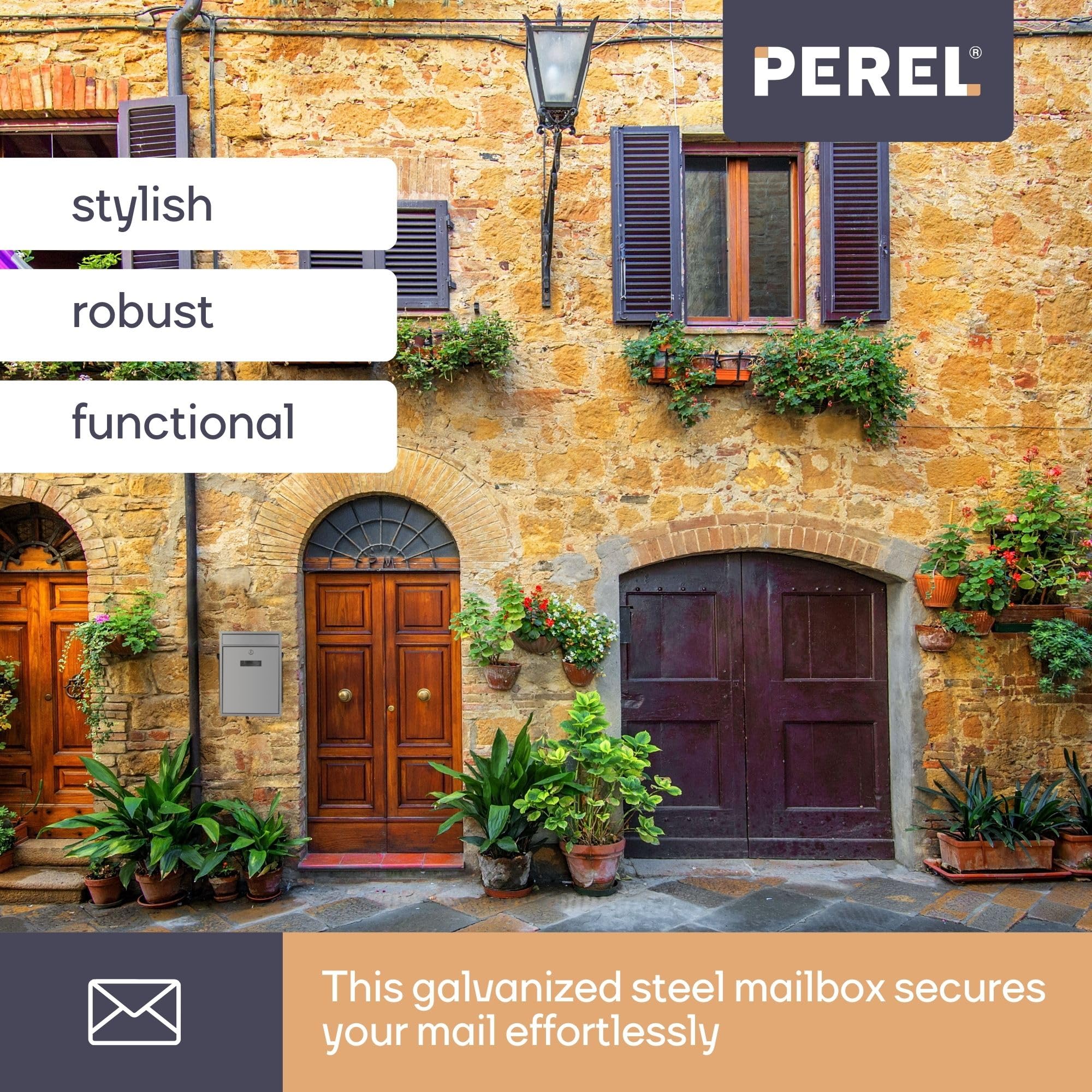 Perel Boite aux Lettres Murale Ibiza pour Exterieur Gris Argente avec Plaque et Serrure, modele Compact en Metal