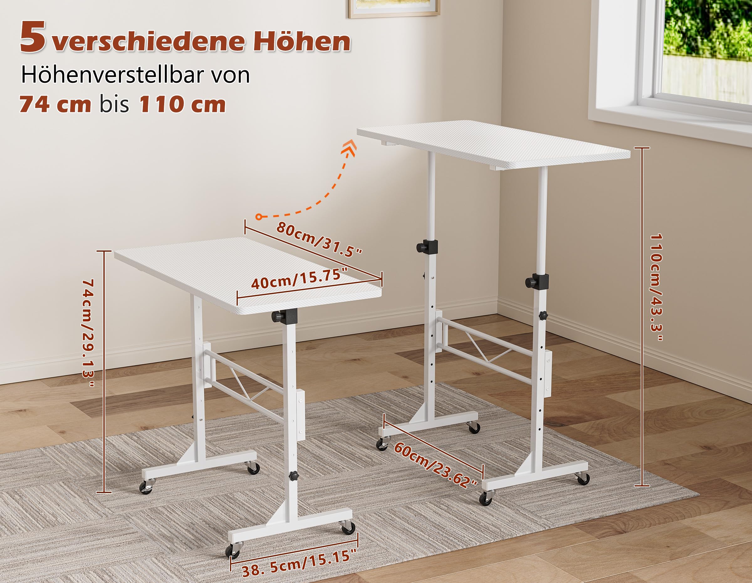 HOMIDEC Höhenverstellbarer Schreibtisch mit Rollen, Tisch Computertisch Stehpult Schreibtisch Höhenverstellbar für Walking Pad Laufband für Zuhause, PC Tisch Klein für Home Office, 80 x 40 cm, Weiß