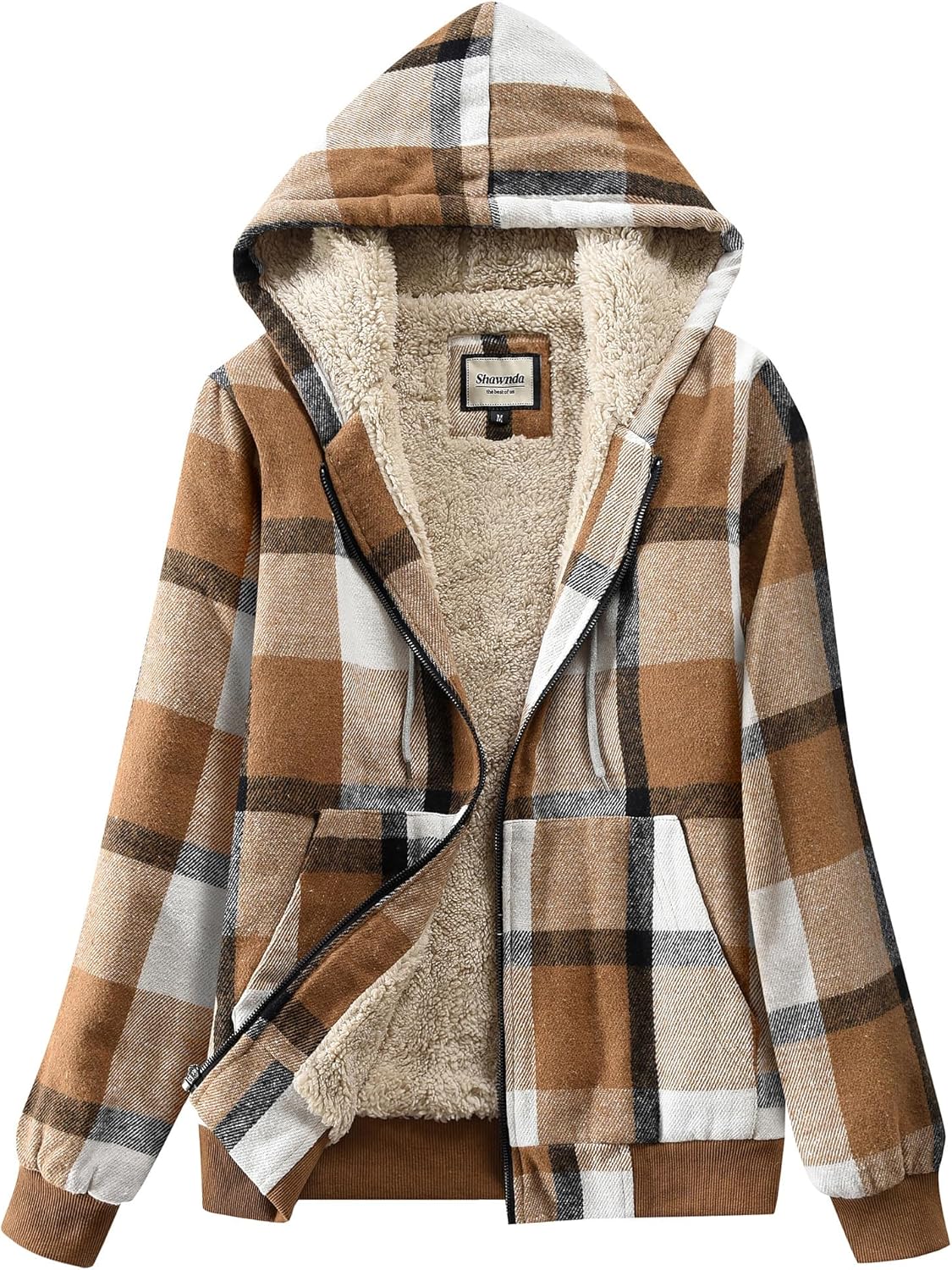 Shawnda Women's Flannel Casual Plaid Full Zip Up Sherpa Lined Hoodie Jacket Coat with Pockets