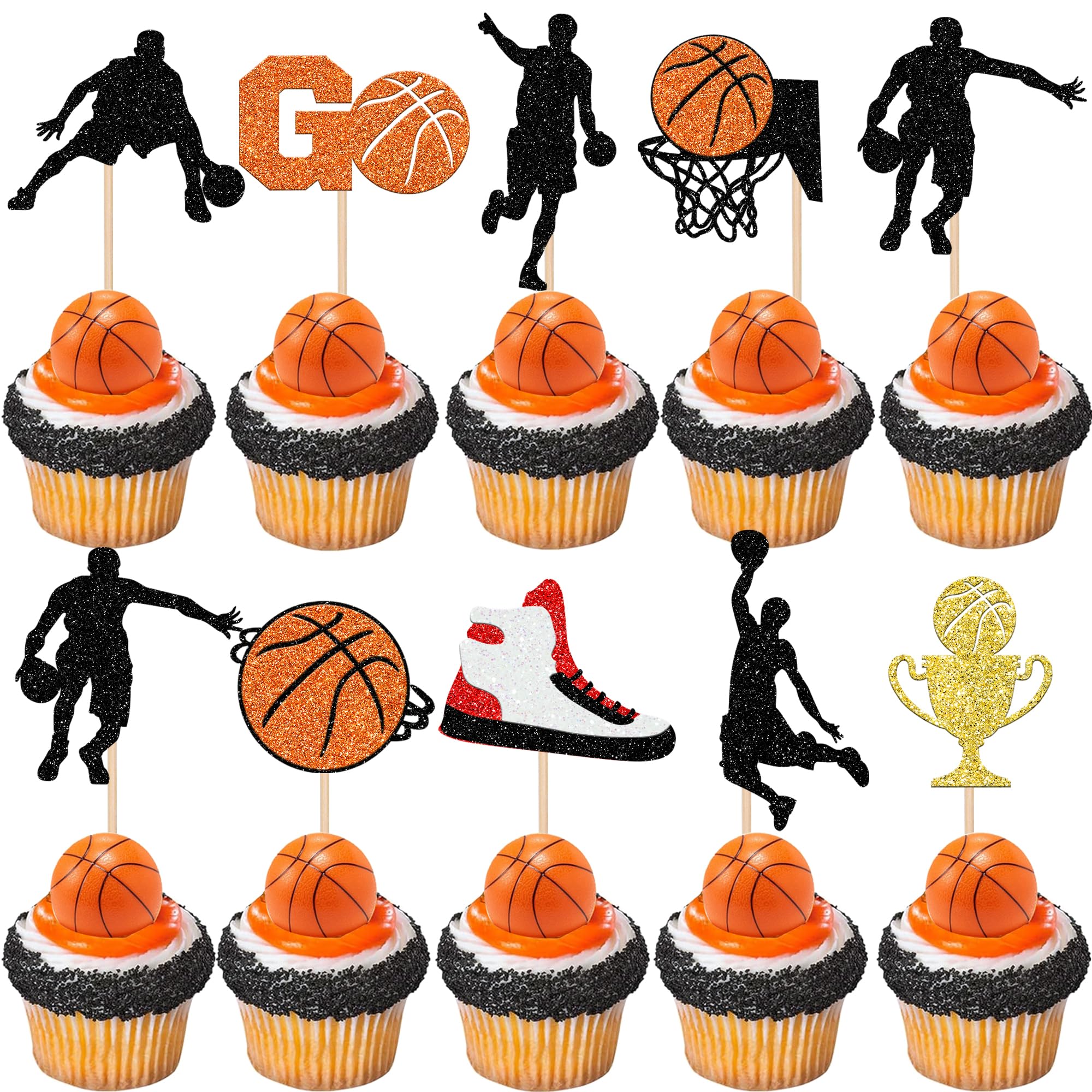 36 PCS Basketball Cupcake Toppers Glitter Star Player Cupcake Picks Basketball Hoop Game Shoe Sports Ball Cake Decorations for Sports Theme Baby