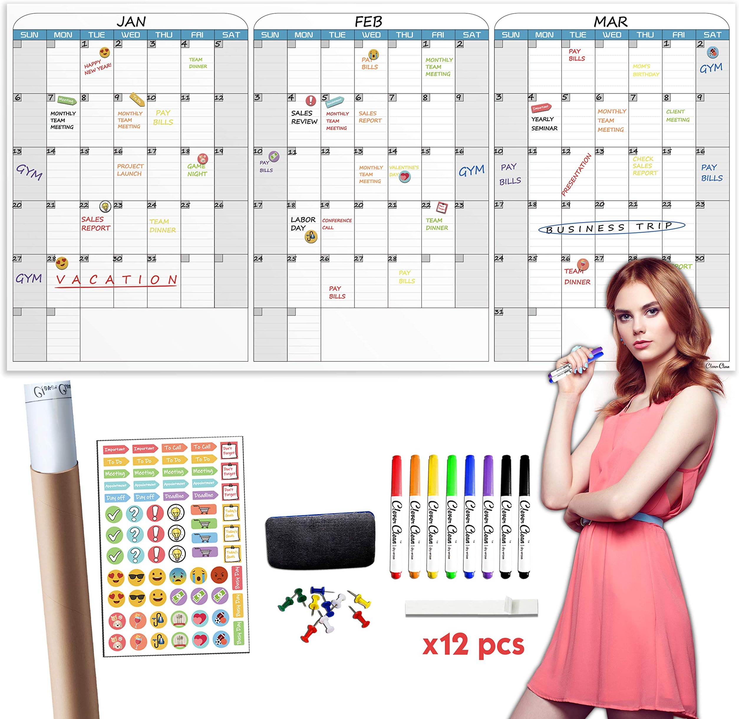 Large Dry Erase Calendar For Wall Undated 3 Month