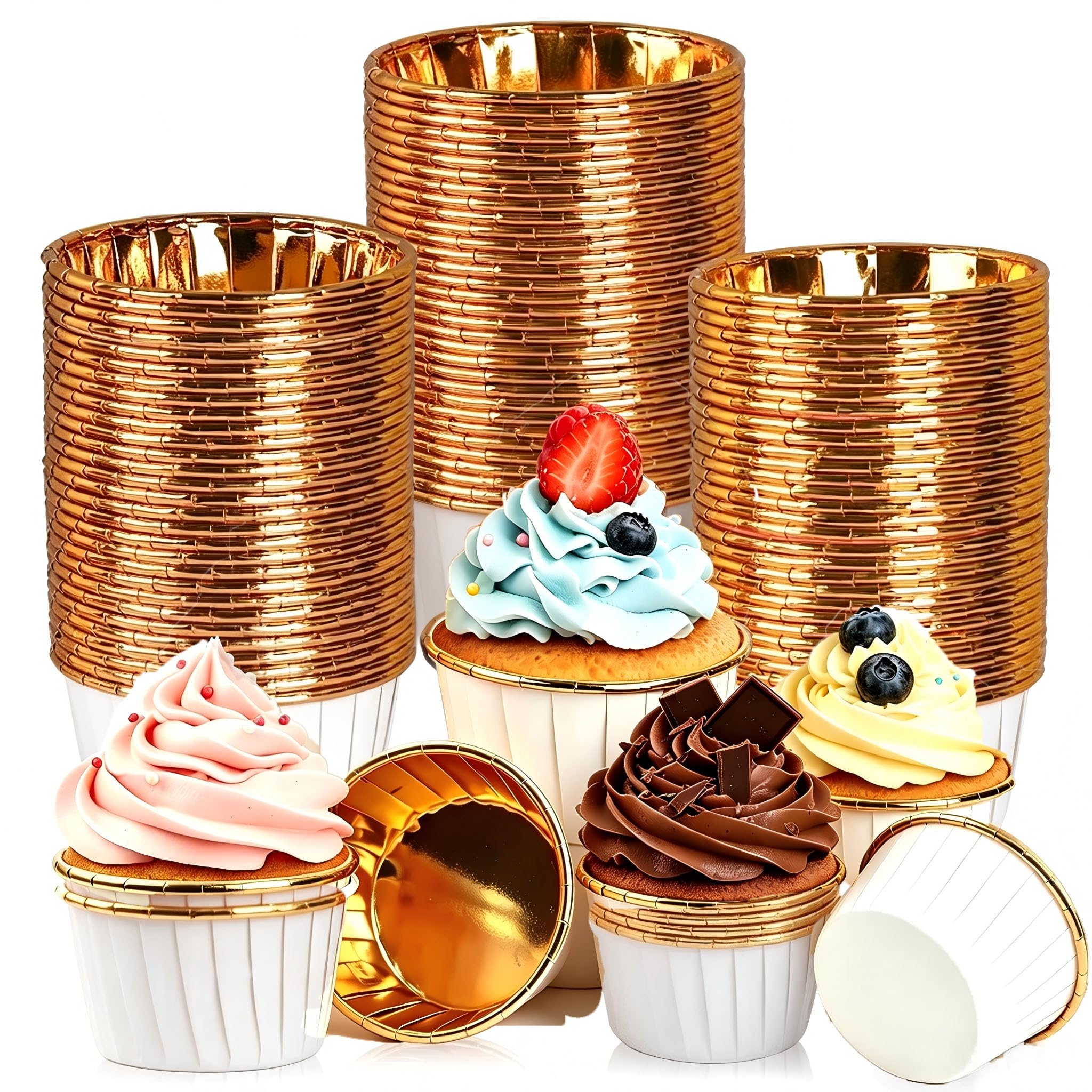 150 Pcs Metallic White Cupcake Cases – Foil Lined Greaseproof Baking Cups, Heat Resistant Muffin Liners for Birthday, Wedding, Party, Oven Safe (White)