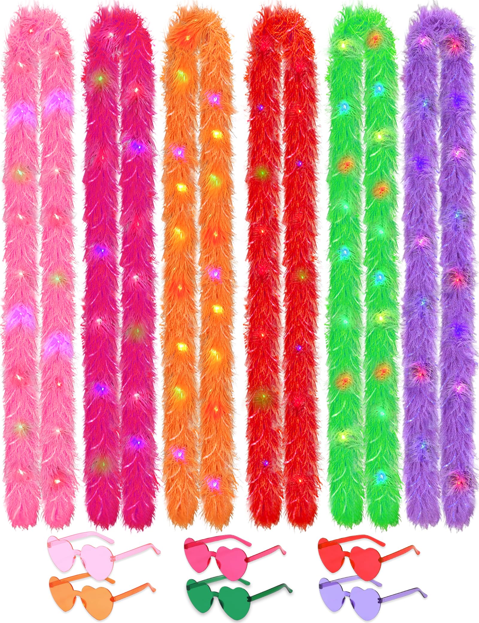 SHENYI 12Pcs Colorful Fancy Dress 6.6ft Feather Boa with Heart Sunglasses Set for Women Dancing Party Cosplay Halloween (Light Colorful)