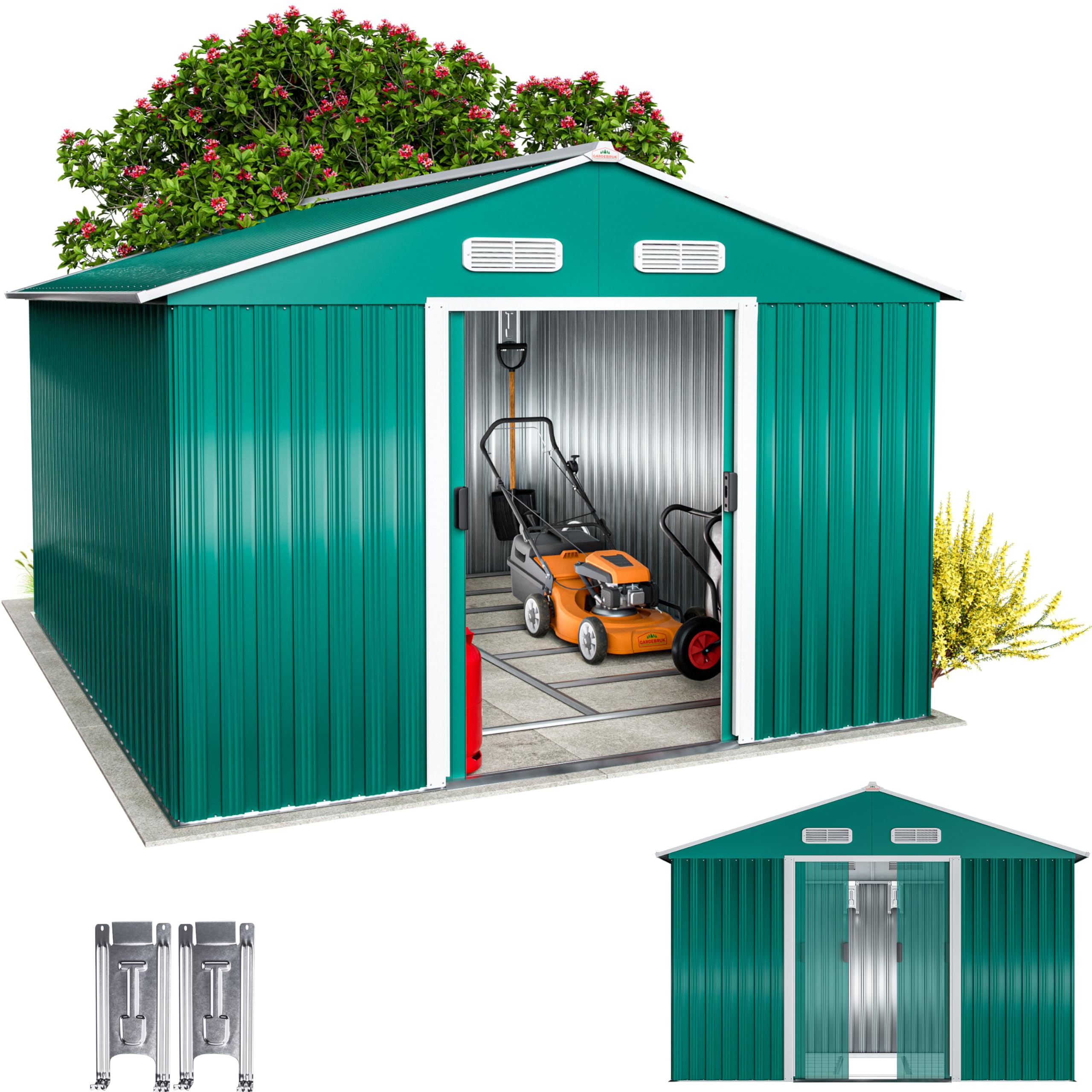 GARDEBRUK® Cobertizo de Jardín 8 m² 312x257x178 cm Caseta Metálica Exterior 15m³ con Base Puerta Corrediza Verde
