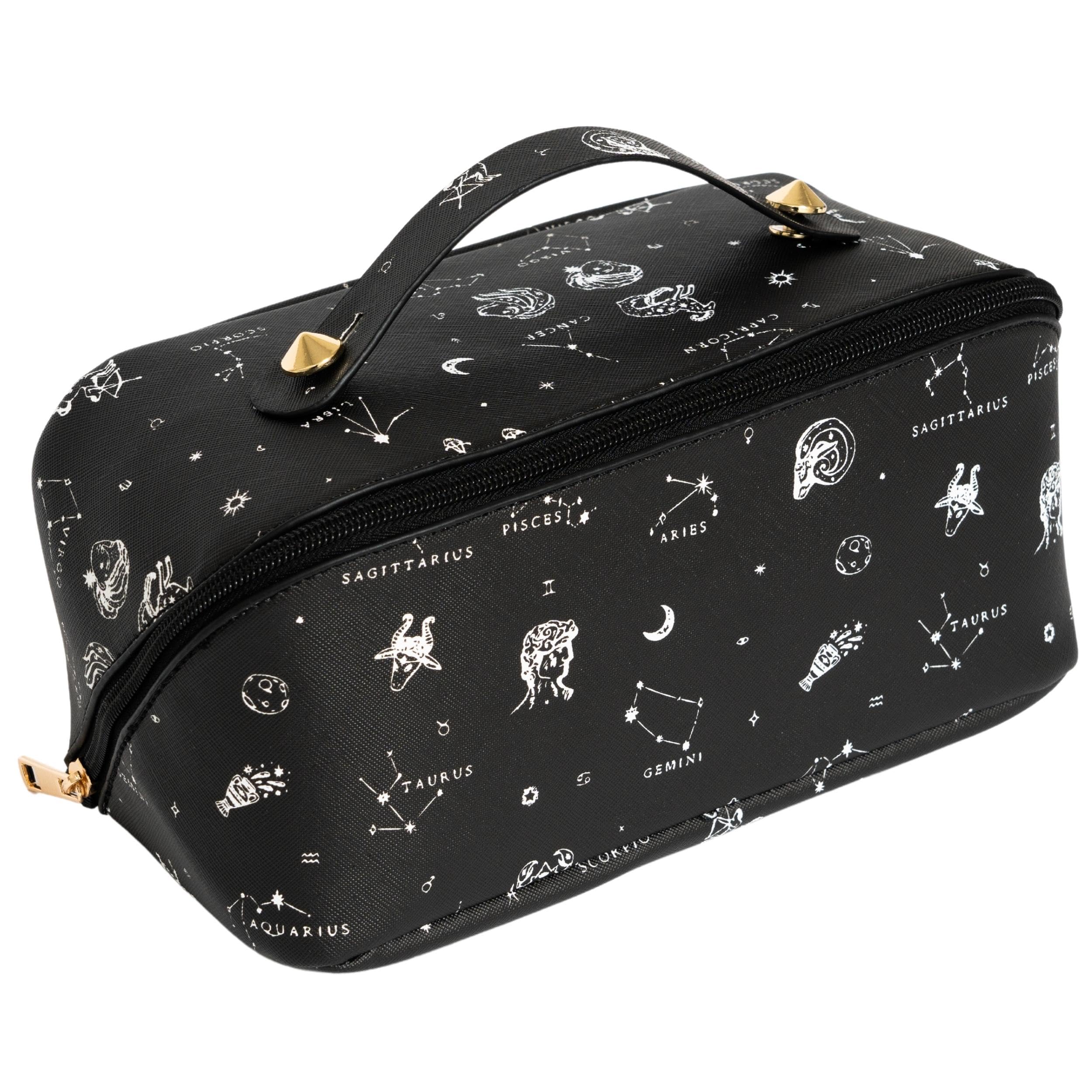 AILADAlLAD Travel Makeup Bag,Large Opening Makeup Bag,Portable Makeup Bag Opens Flat for Easy Access, Toiletry Bag,PU Leather Makeup Bag,Large Cosmetic Organizer for Women with Zodiac Sign (Black), As