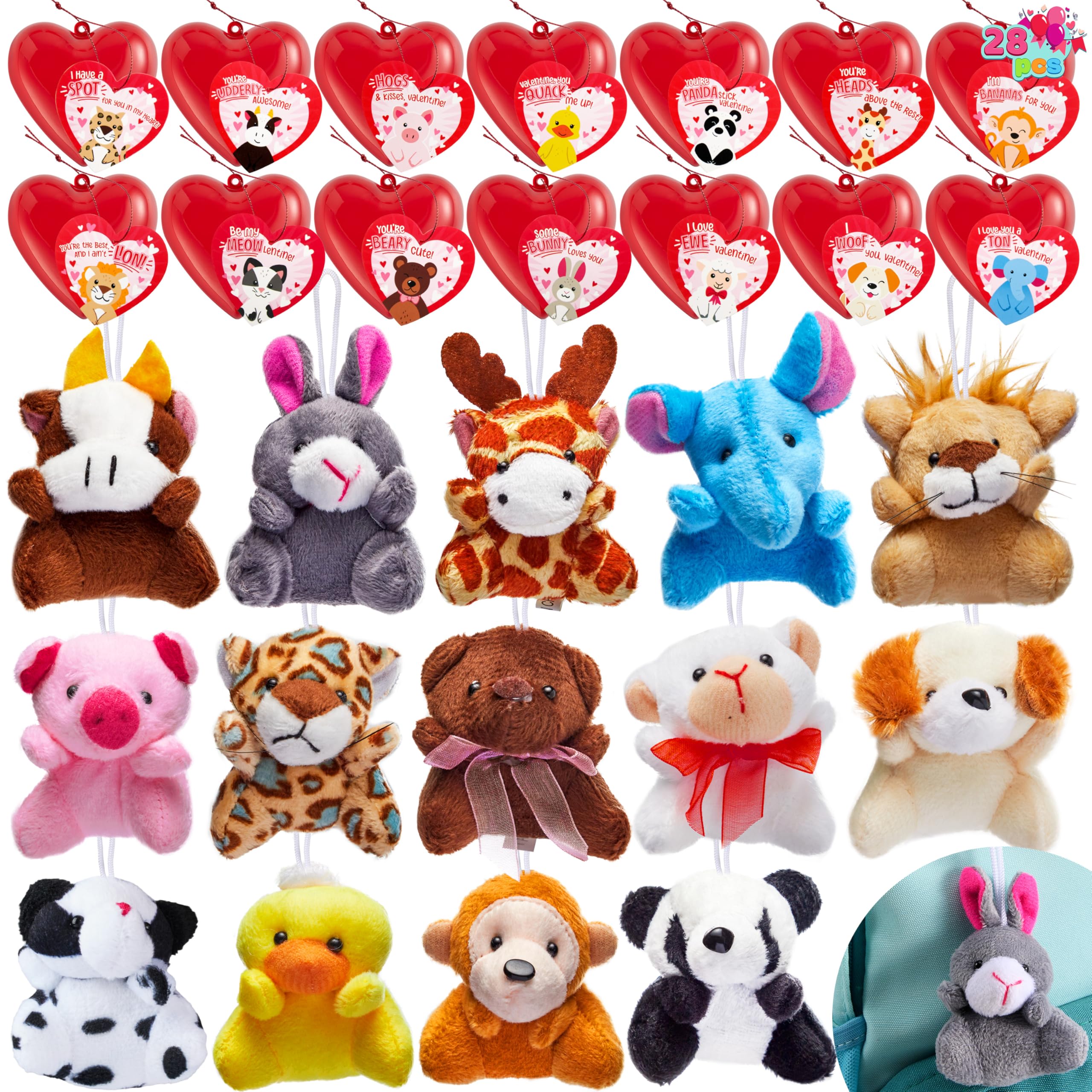 JOYIN 28 Pack Valentines Day Gifts for Kids Prefilled Hearts with Plush Toy Keychain and Valentines Day Cards for Kids Classroom Exchange, Party