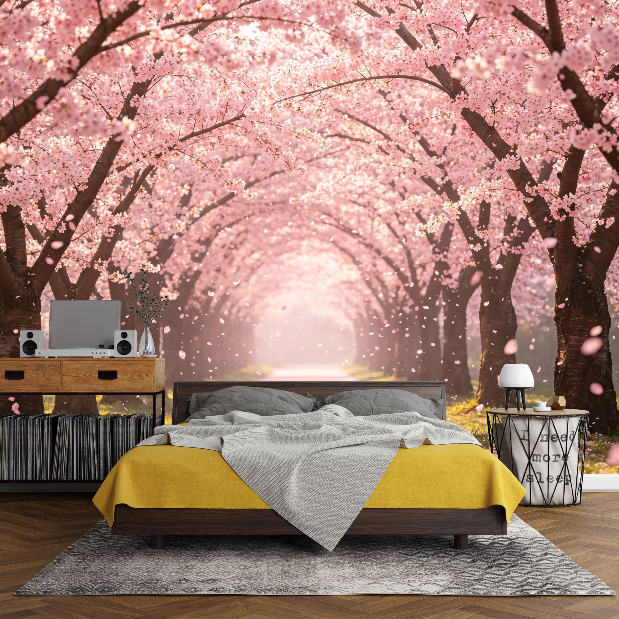 Custom Size Wall Mural， Botanical Cherry Blossom Pathway Spring Sakura Trees Landscape，SelfAdhesive Art Prints wall Fabric (No PVC) Removable Wallpaper Living Room Decor