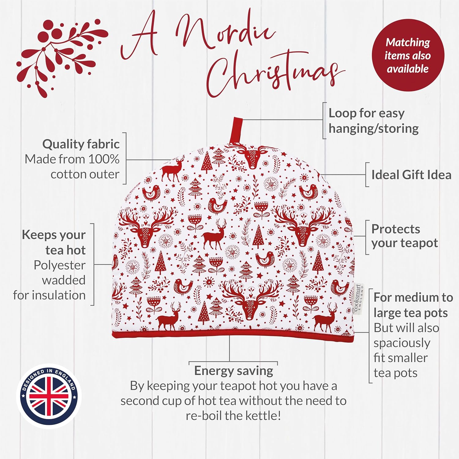 Cooksmart British Designed Christmas Tea Cosy | Xmas Teapot Warmer Suitable for Small, Medium or Large Teapots | Designed by British Designers in The UK - A Nordic Christmas