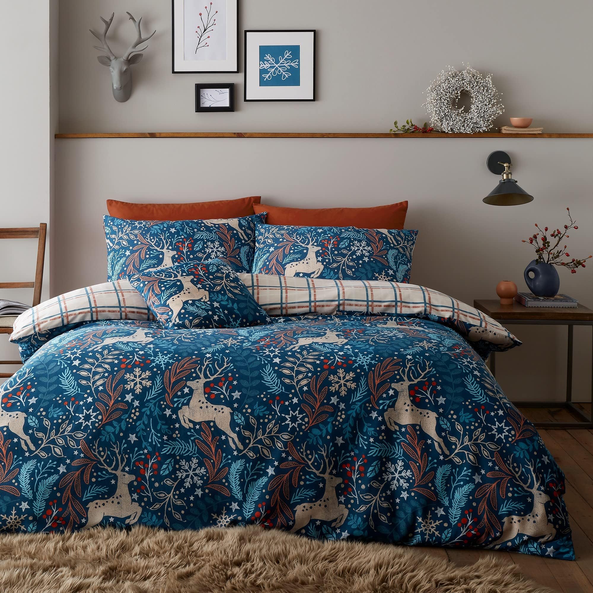 Happy Linen Company Winter Stags Blue Double Reversible Duvet Cover Bedding Set