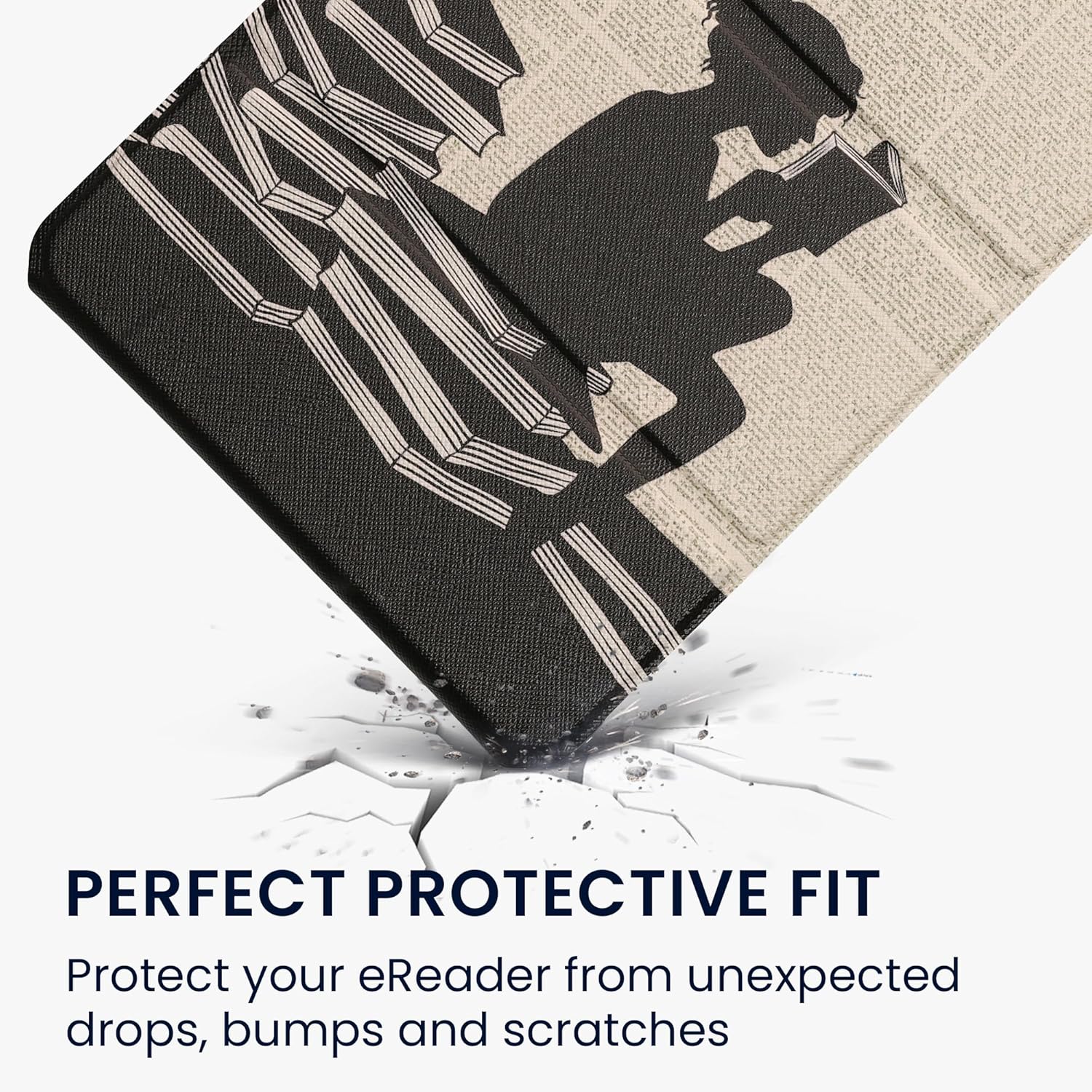 kwmobile Cover for Amazon Kindle Paperwhite (2024)/Colorsoft Case - E-Reader PU Leather Protection - Auto Wake/Sleep - eBook Magnetic Stand - Black/Beige Girl and Books