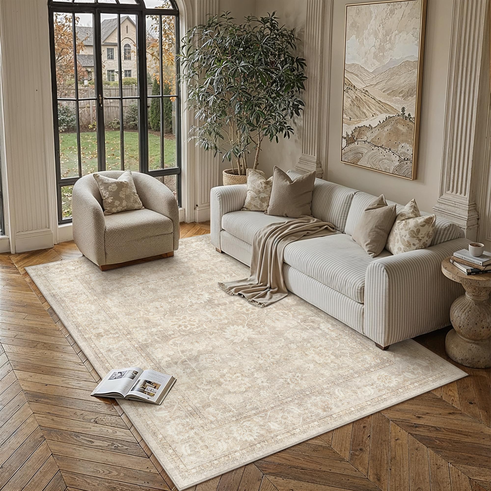 PureCozy Beige Rugs Living Room Large Washable Rug 160x230cm Non Slip Carpet for Bedroom Vintage Carpets Office Kitchen Dining Room Indoor Soft Low Pile Mat