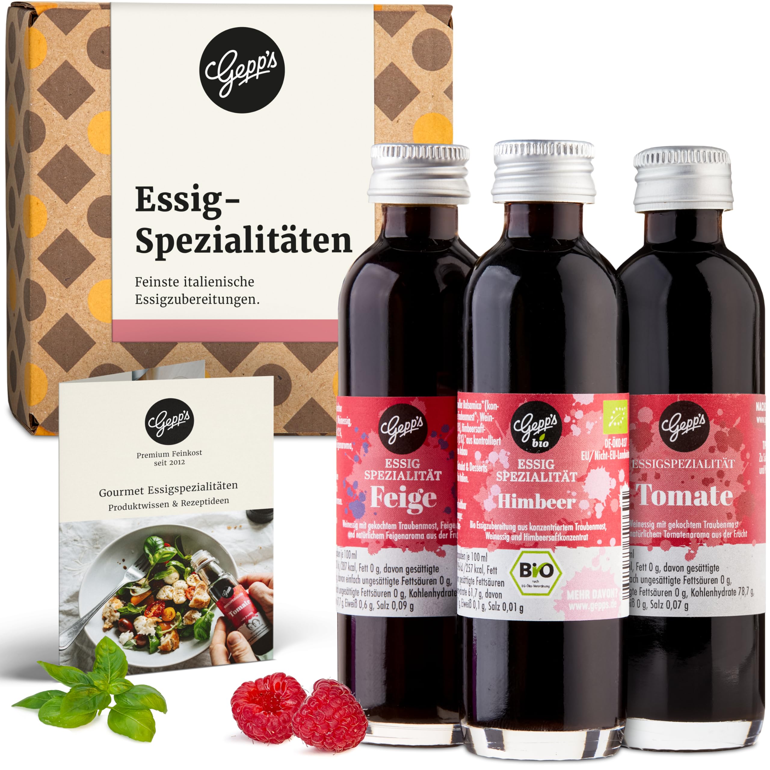 Gepp’s Feinkost 3er Mini Essig Set I Essig Geschenkset für Genießer I Tomaten Balsam, Feigen Balsam & Bio-Himbeeressig I Essig Geschenkbox I Ideal für Salate, Käse & mehr