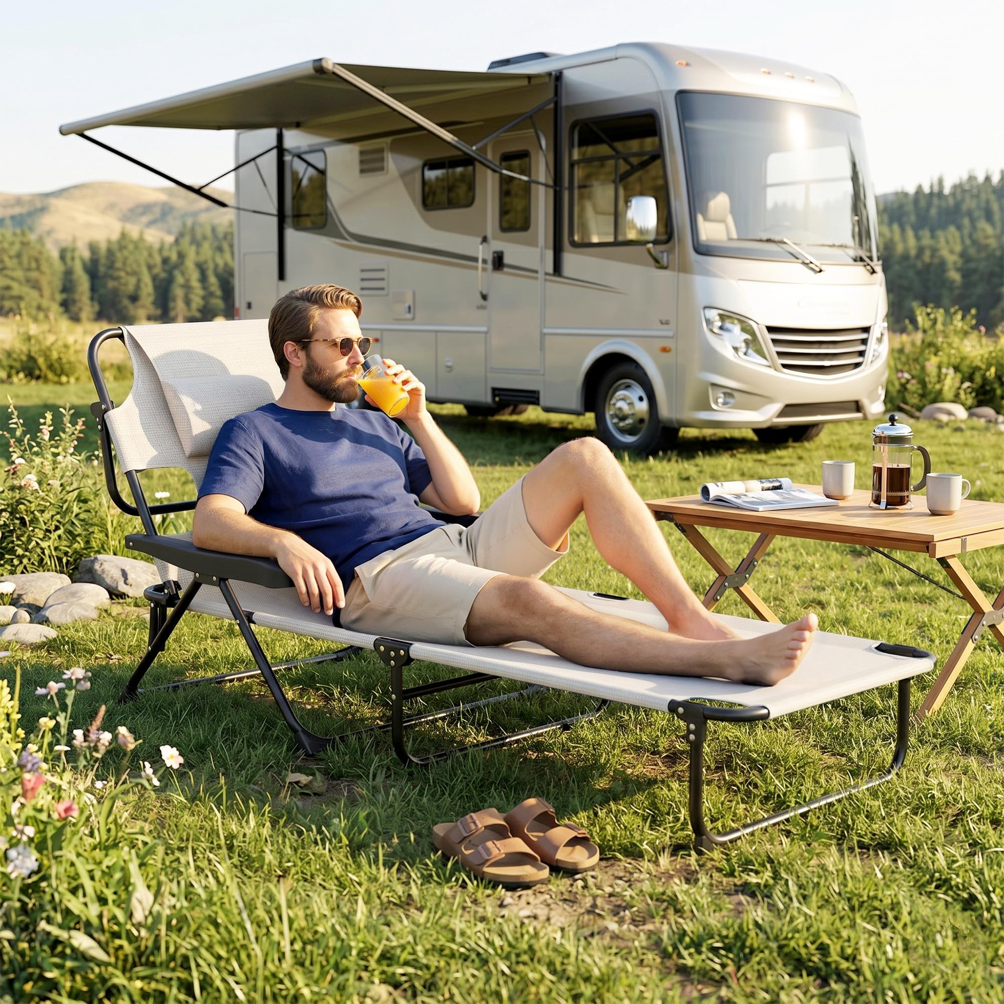 Outsunny Tumbona Plegable, Tumbona Jardín Exterior con Respaldo Ajustable en 4 Posiciones, Orificio de Lectura, Reposacabezas y Brazos, Carga 120 kg, para Terraza, Piscina, 145x72x89 cm, Crema