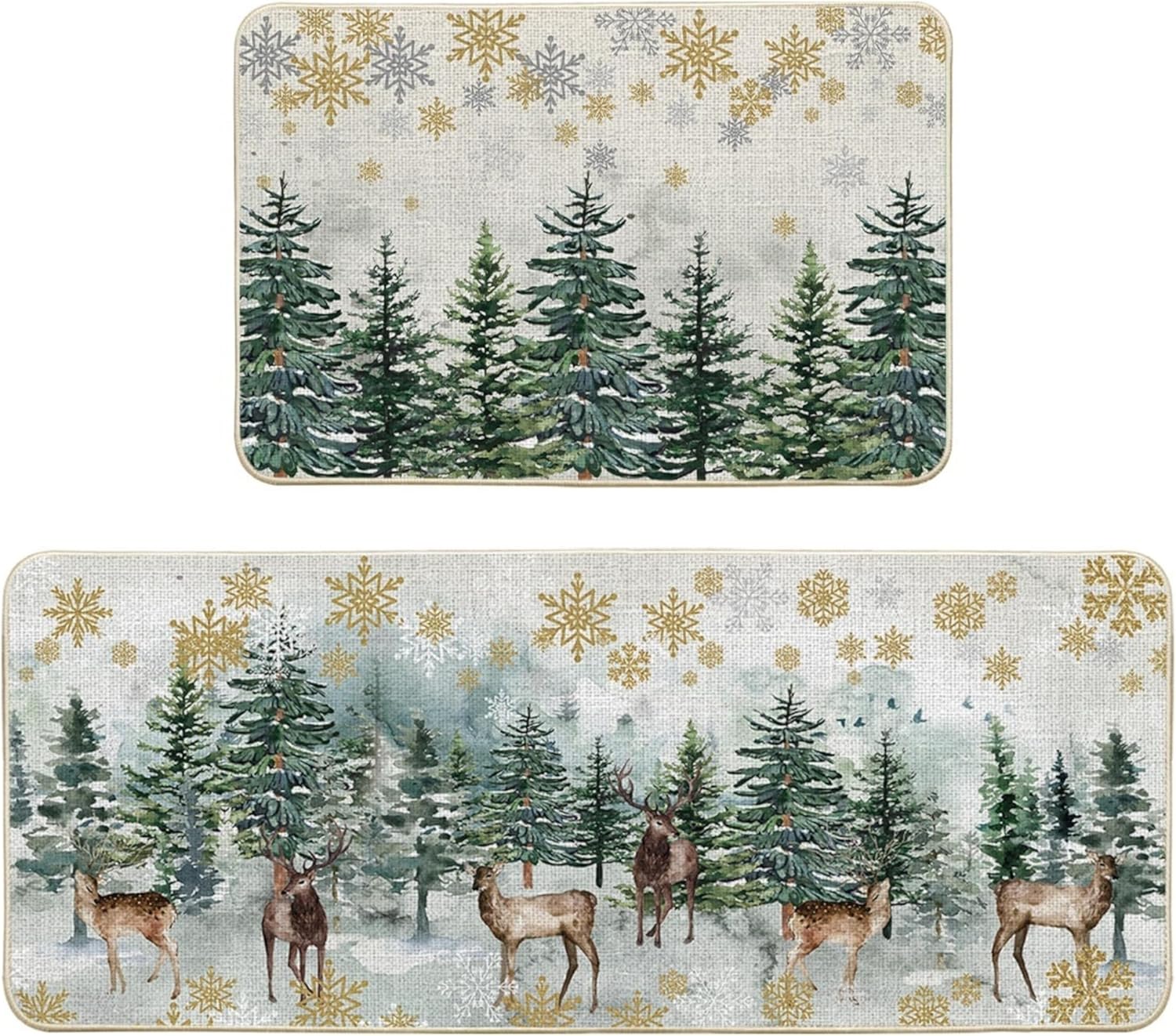 Artoid Mode Xmas Trees Deer Snowflakes Christmas Kitchen Mats Set of 2, Winter Home Decor Low-Profile Kitchen Rugs for Floor - 17x29 and 17x47 Inch