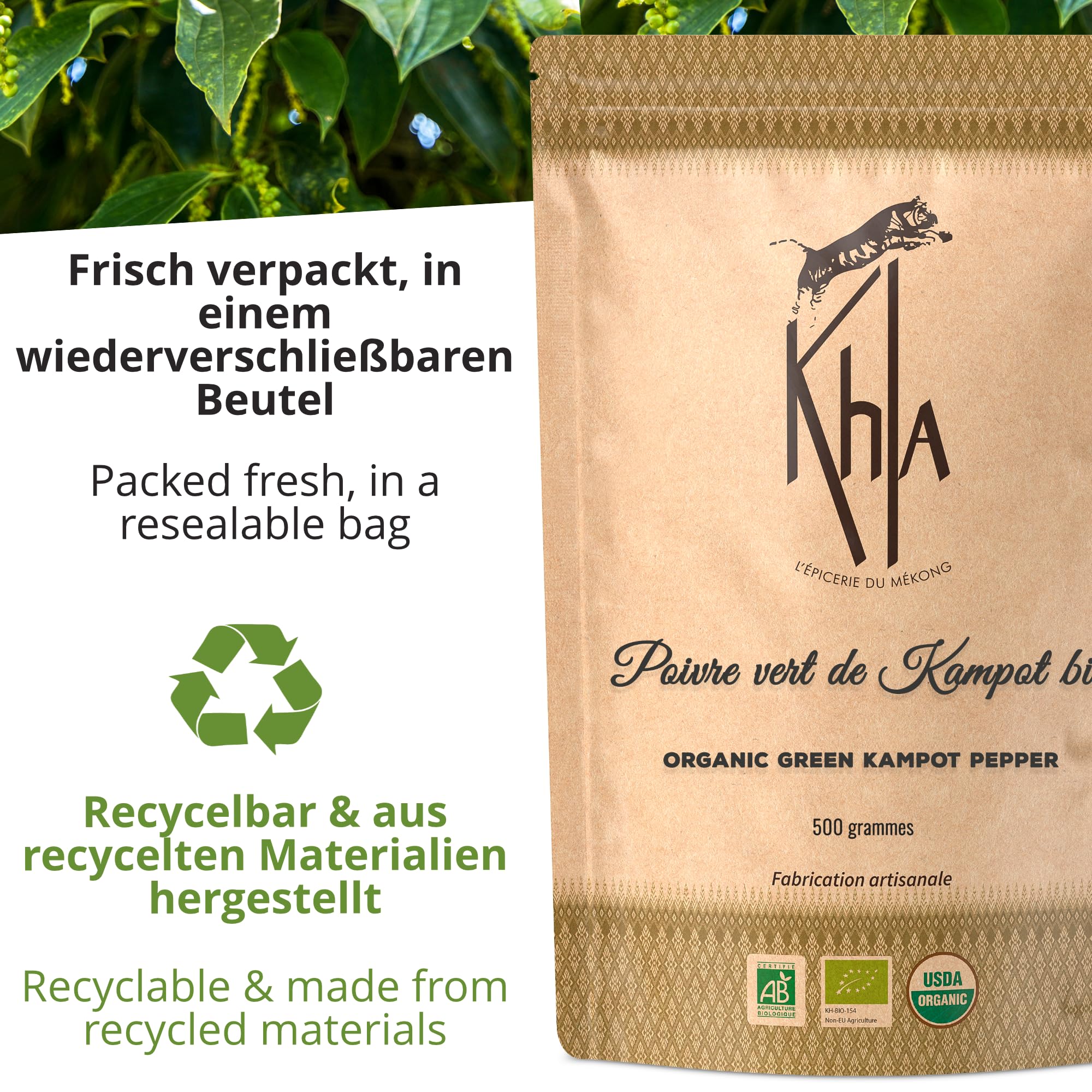 Khla - Grüner Kampot Pfeffer 500g - Frische Ganz Pfefferkörner - Bio-Zertifiziert - Aromatisch & Kräuterig - Direkt vom Erzeuger - Premium Grün Pfeffer - Snack, Saucen - Herkunft Kambodscha