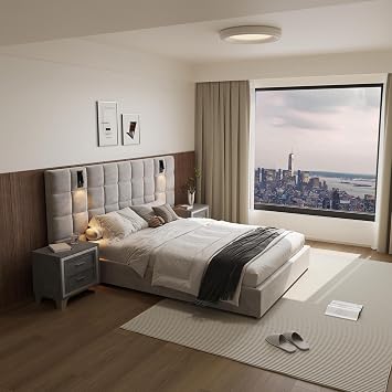 Queen Platform Bed Frame with 1 Nightstand Set of 1+1, Elegant Velvet Upholstered Bed with Grid Pattern Padded Headboard, 2 LED Wall Sconces & USB Ports, No Box Spring Needed, Pearl Grey