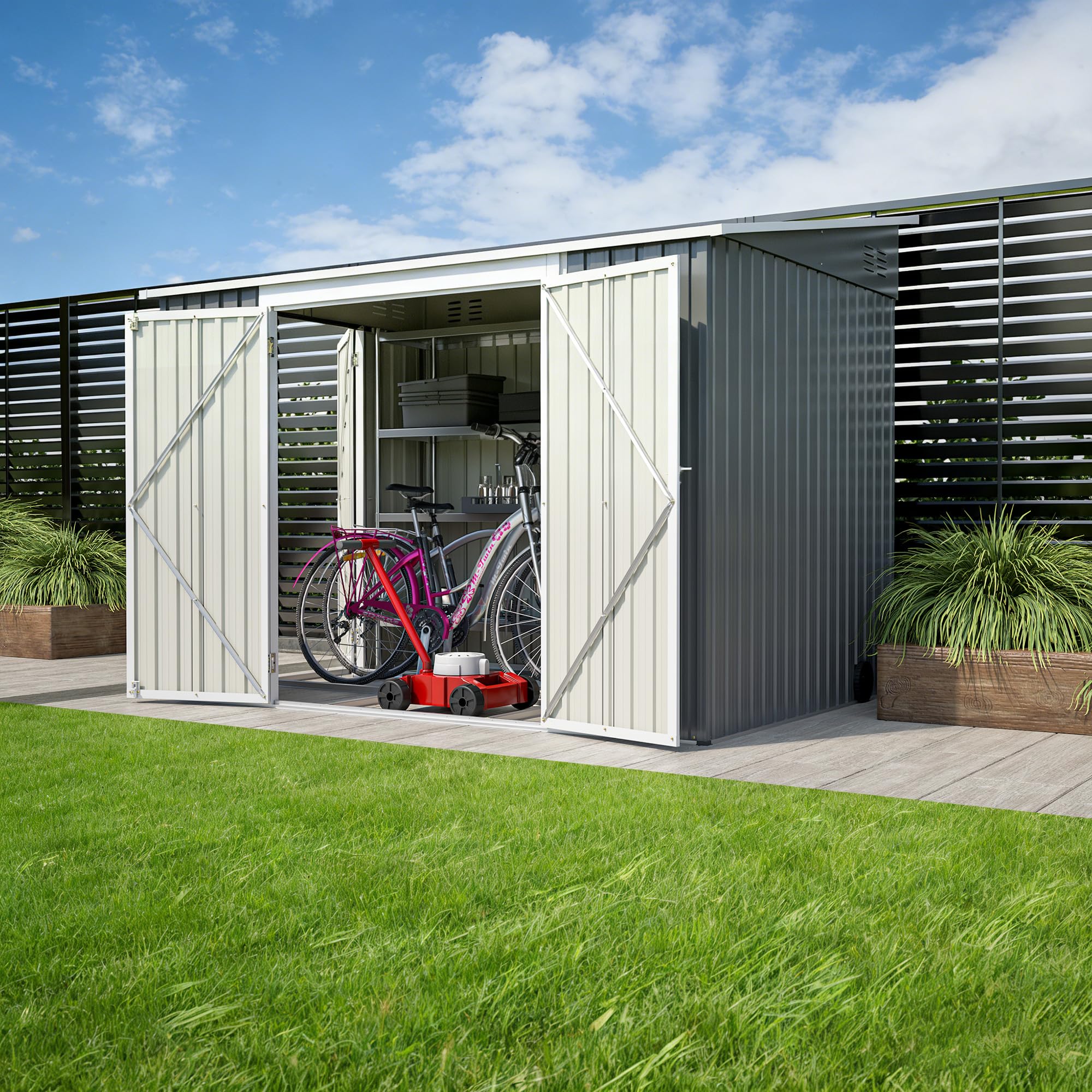 Verzinktes Gerätehaus 1,8x2,4 m – Metallschuppen mit Bodenrahmen, Schrägdach, abschließbarer Gartenschrank für Werkzeuge & Fahrräder