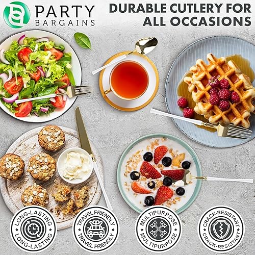 Miniatura 6 de Party Bargains Juego de cubiertos desechables de plástico blanco dorado, utensilios de diseño moderno infinito, paquete de 40 16 tenedores, 8