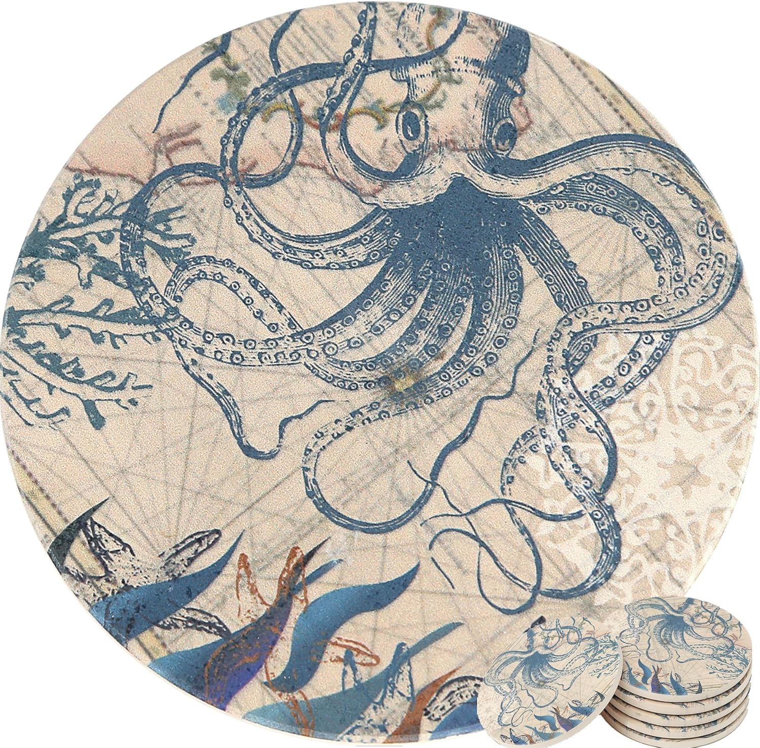 Black Friday - 60% OFF ENKORE Coasters Set of 6 - Absorbent Ceramic Stone Keep Spill Off Table, Coaster for Drinks in Vibrant Colors and Cork Back Pad - Octopus On World Map Novelty Design with NO Holder