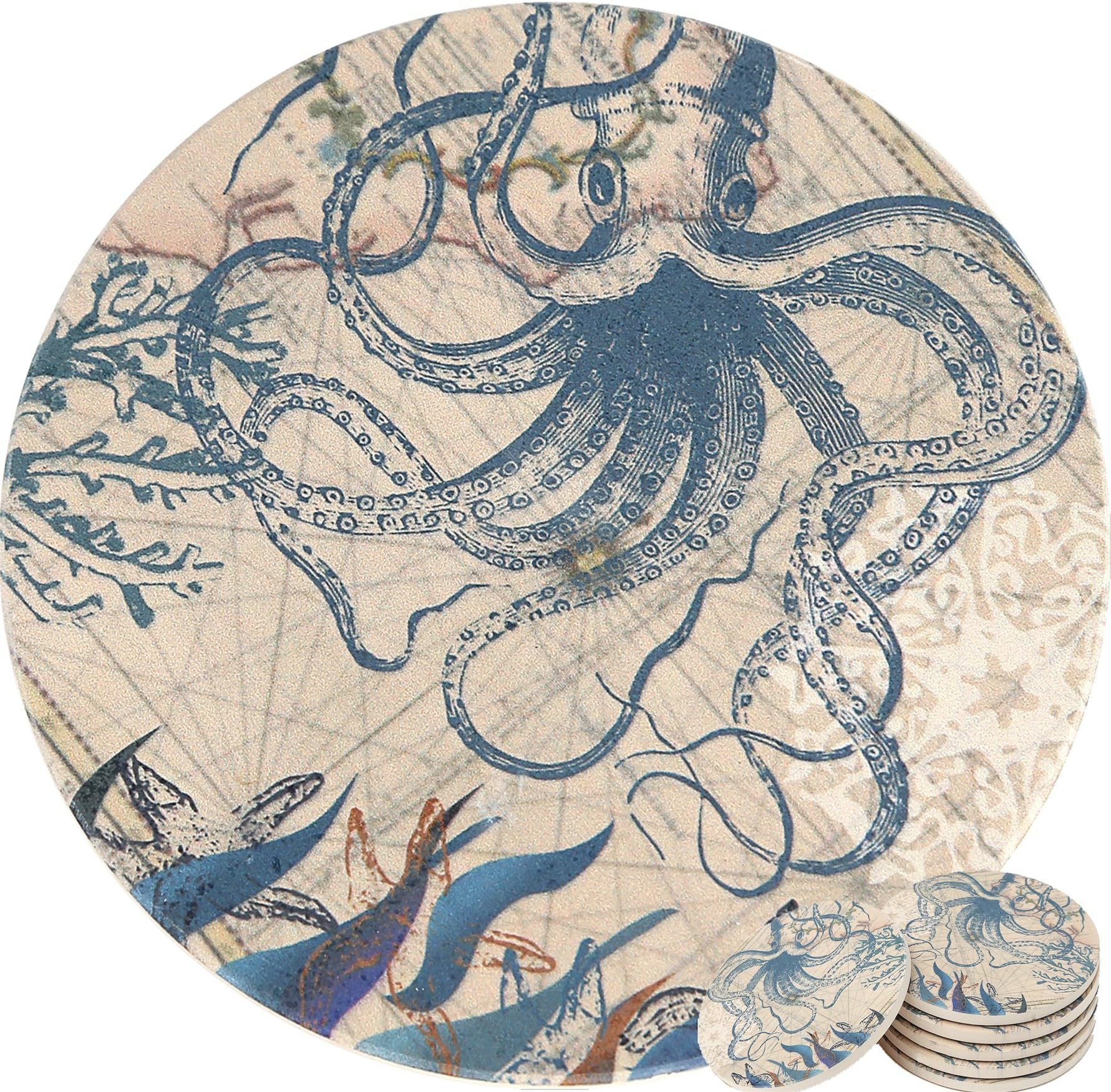 ENKORE Coasters Set of 6 - Absorbent Ceramic Stone Keep Spill Off Table, Coaster for Drinks in Vibrant Colors and Cork Back Pad - Octopus On World Map Novelty Design with NO Holder