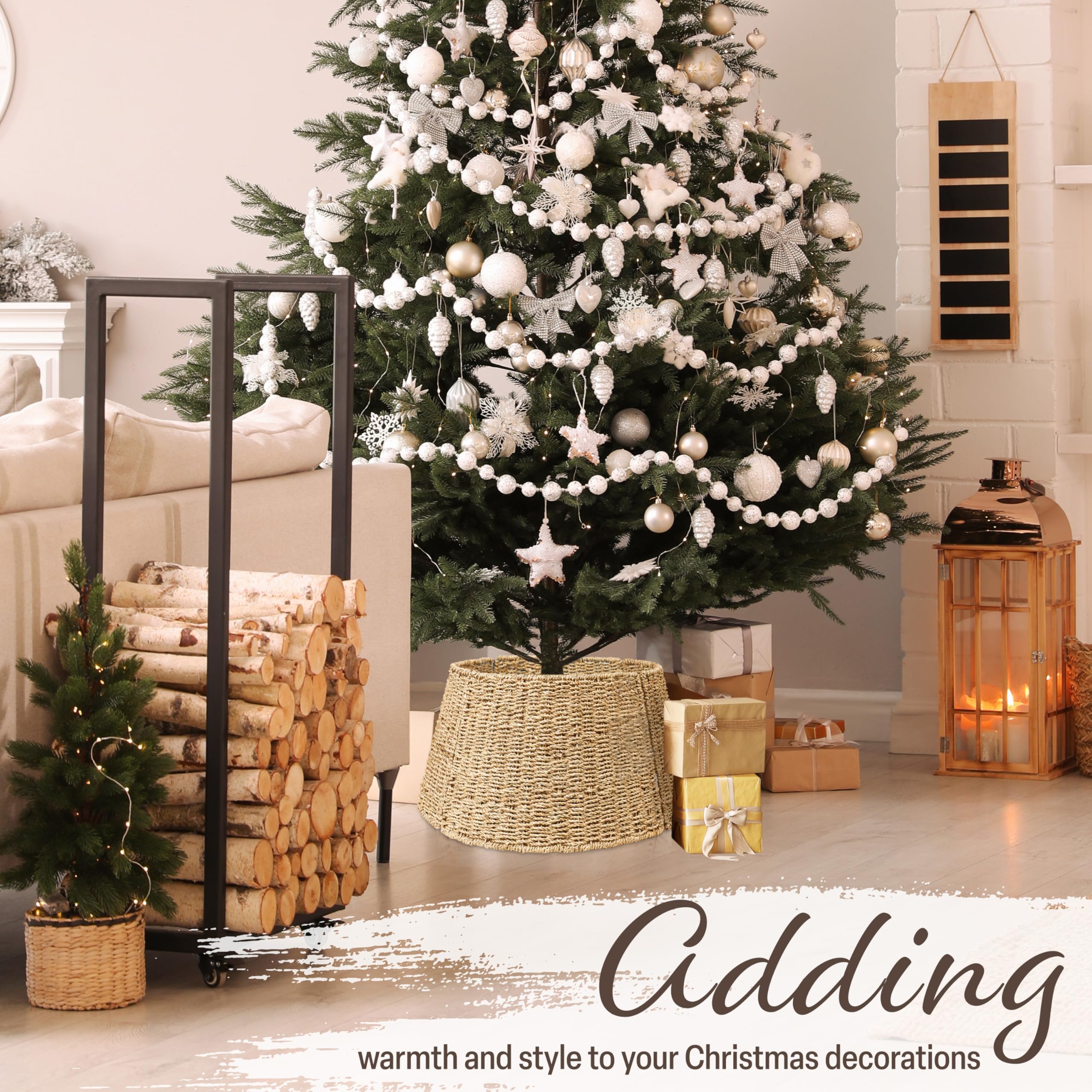 Jupe de Sapin de Noël Tressé DECO EXPRESS, Cache-Pied Sapin Noël 51x25 cm Beige