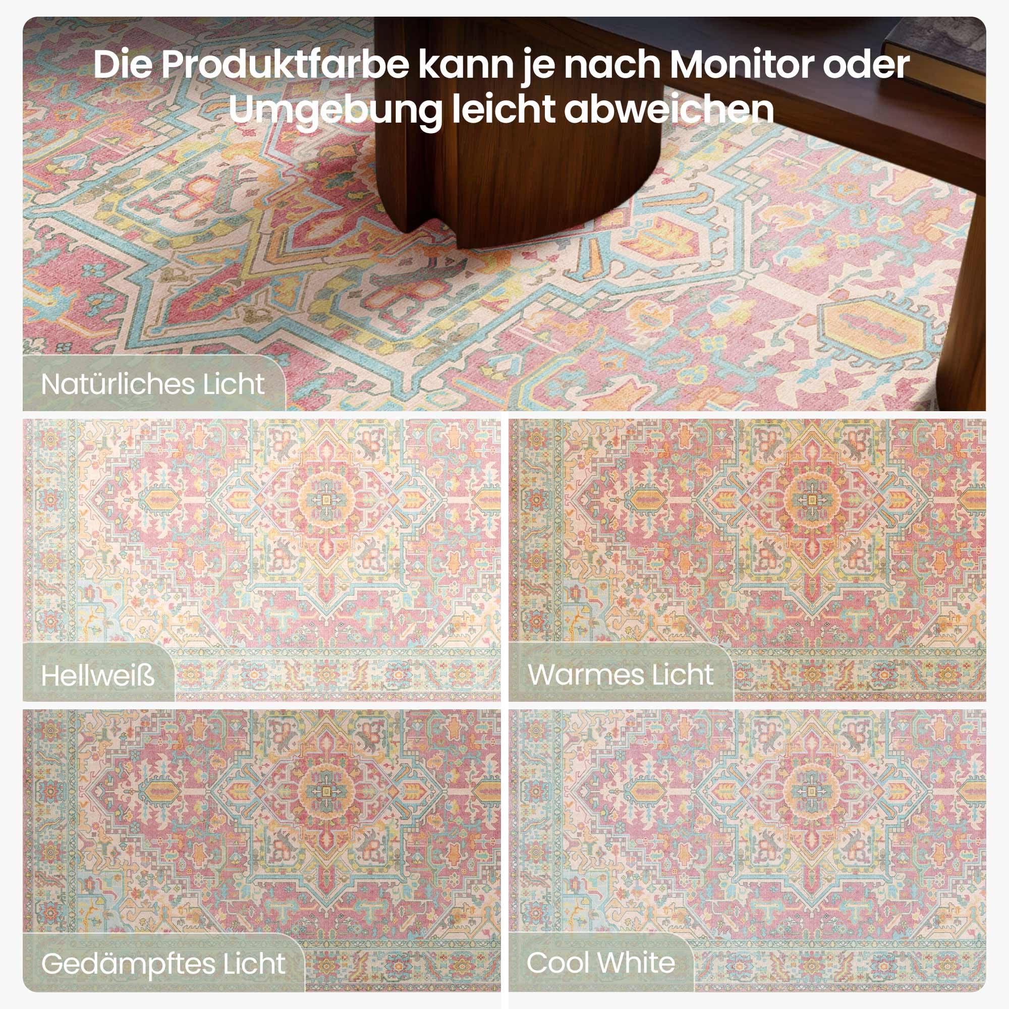 Kokia Vintage Teppich 140x200 cm Blütenrosa Waschbar fürs Schlafzimmer | Platzsparend, Rutschfest und Fleckenfest, Flacher Flor in Blütenrosa mit Medaillonmuster für Home Office