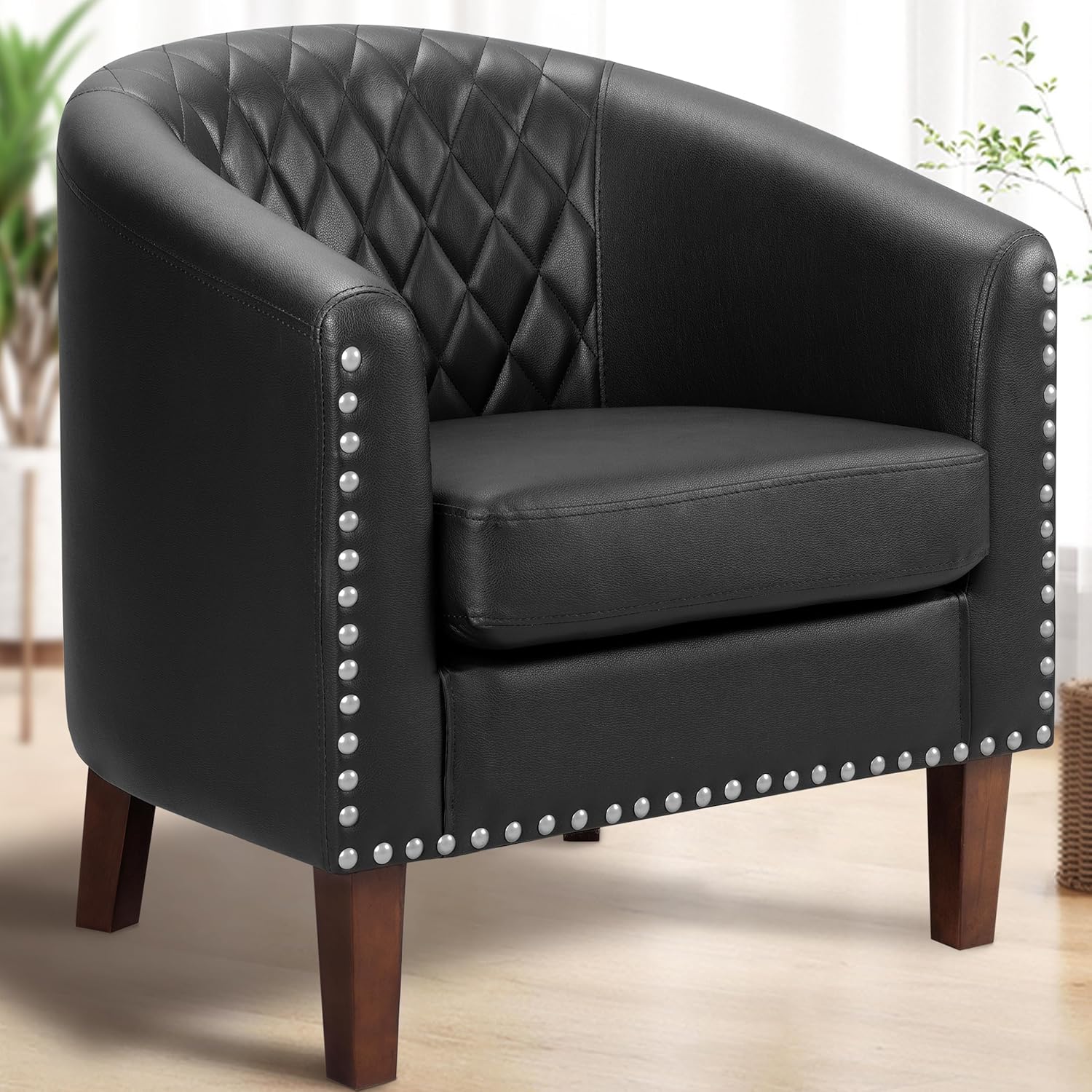 PrimeZone Barrel Chair, Comfy Accent Chair, Faux Leather Living Room Chairs Club Chair with Cushion, Nailhead Trim and Diamond Mesh Backrest, Reading Chair for Bedroom Waiting Room Office, Black