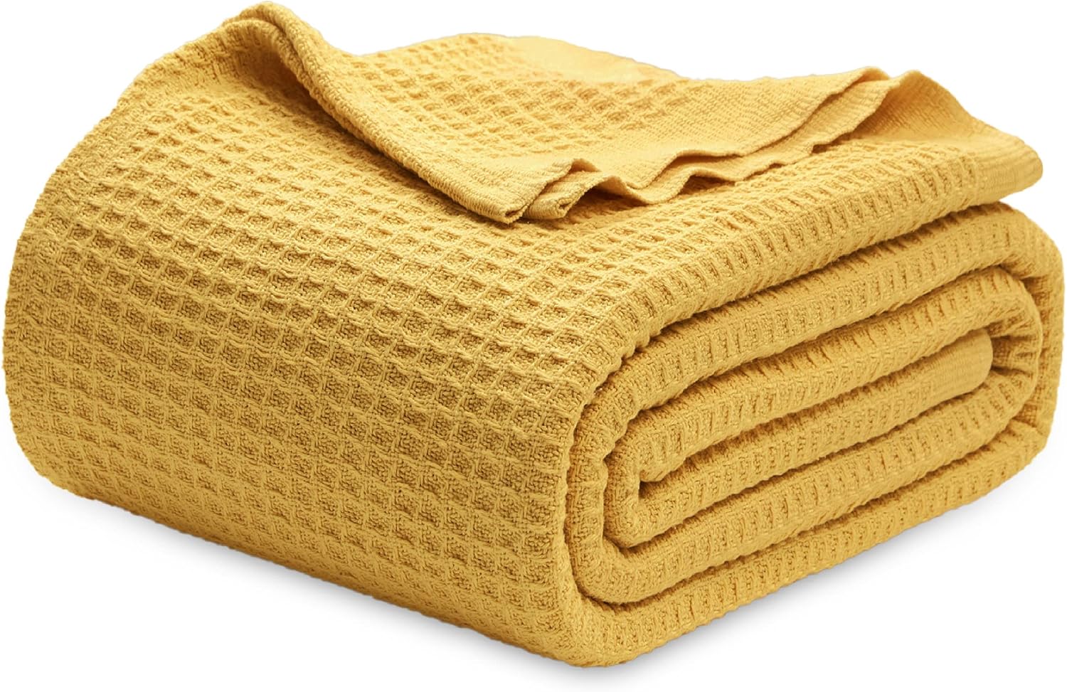 Bedsure Gentlesoft 100% Cotton Blanket Queen Size for Bed - Breathable and Soft for Spring Summer, Thick Cozy Waffle Weave Blanket Gifts for Women, Mustard Yellow, 90x90 Inches