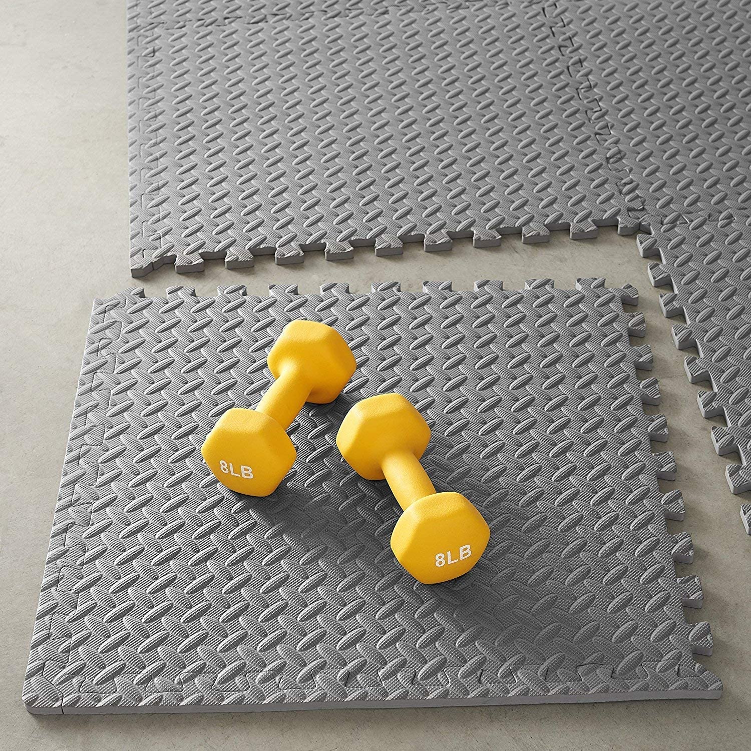 GSQUARE Fitness Puzzle Mat, Gym Floor Mat, Exercise Mat, EVA Foam Interlocking Tiles, Protective Flooring for Gym Equipment and Workouts, 12mm Extra Thick (Grey, 4pcs - 16 Square Feet) 4