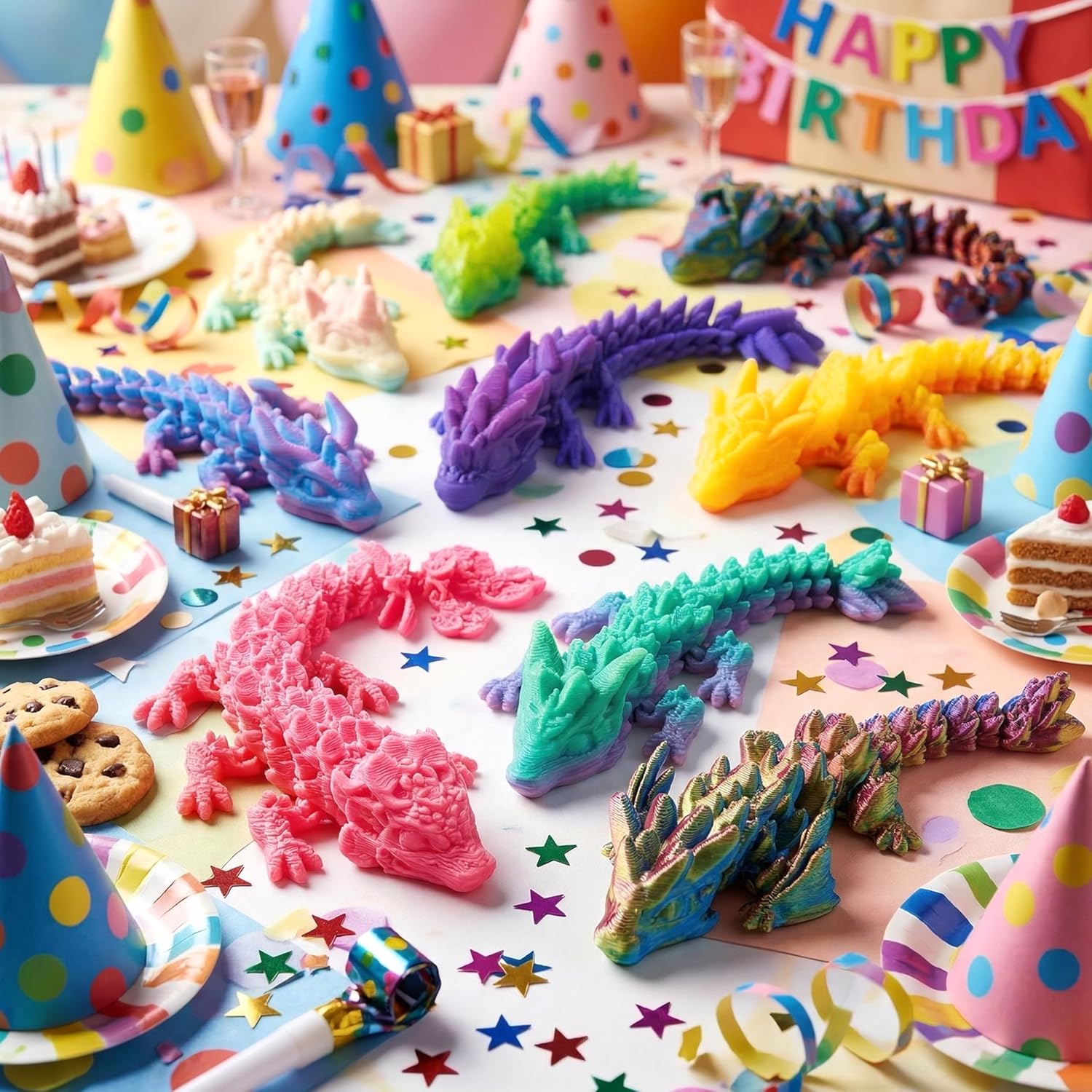 JOYIN 24 Pcs 3D Printed Articulated Mini Dragons, Flexible Crystal Dragon Fidget Toy Set, 3D Printed Animals for Party Favors, Classroom Prizes, Goodie Bag Fillers & Desk Decor