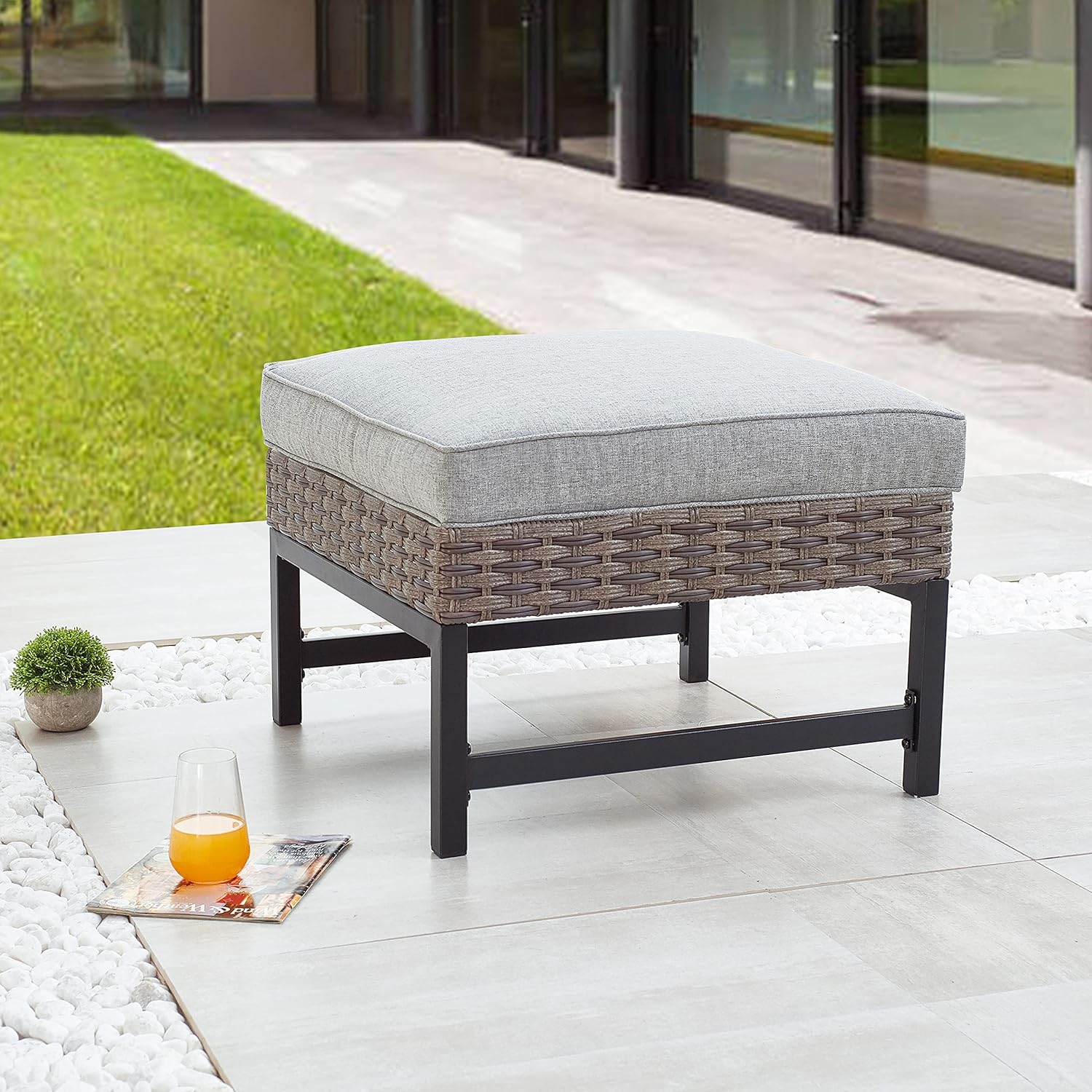 LOKATSE HOME Patio Ottoman Outdoor Wicker Foot Rest Seat with Cushion