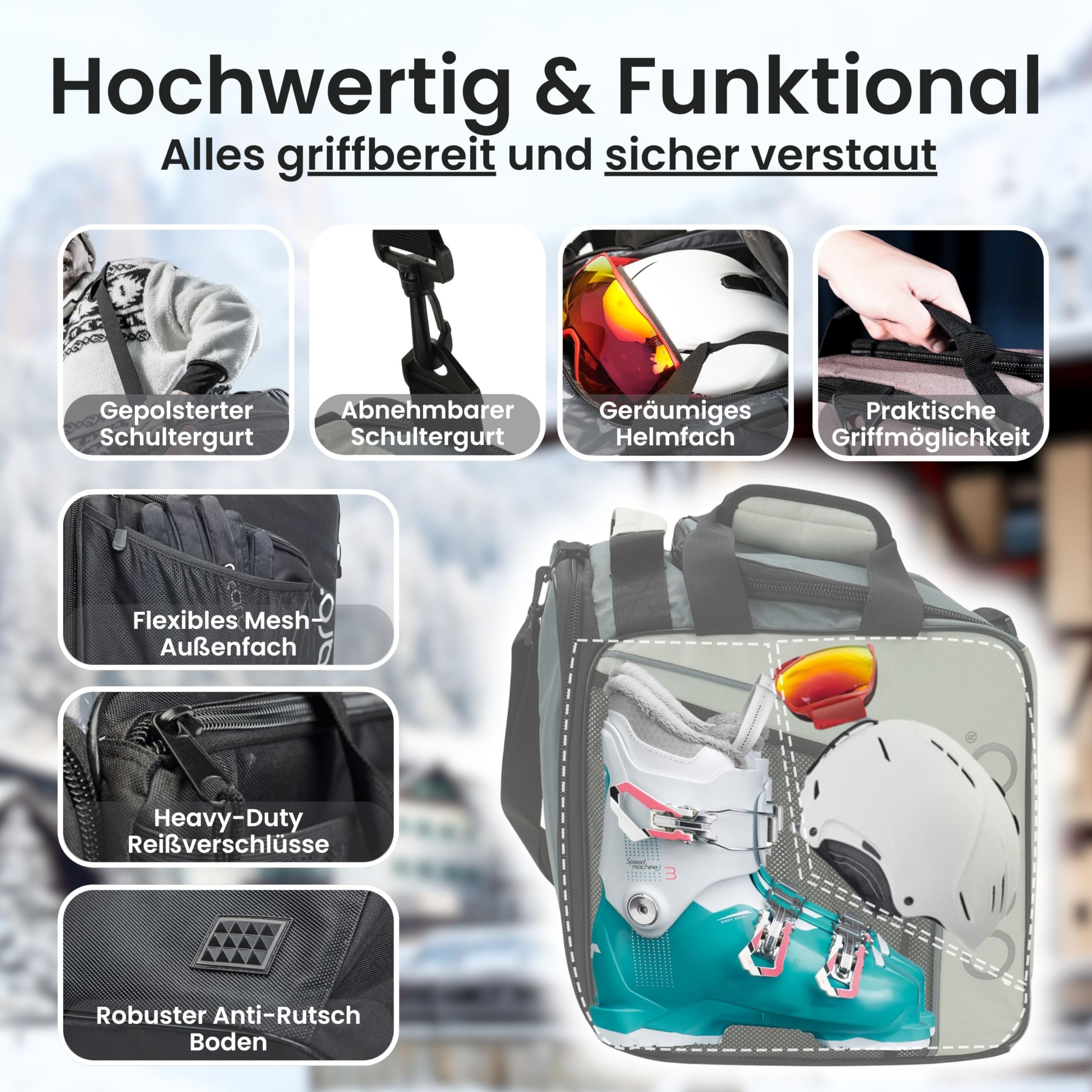 Otaro Skischuhtasche mit Helmfach | Skitasche für Skischuhe, Helm & Zubehör | > 60.000 begeisterte Kunden | Ski Boot Bag wasserfest, robuste Zipper - Skitasche Skischuhtasche Set - Schlittschuhtasche