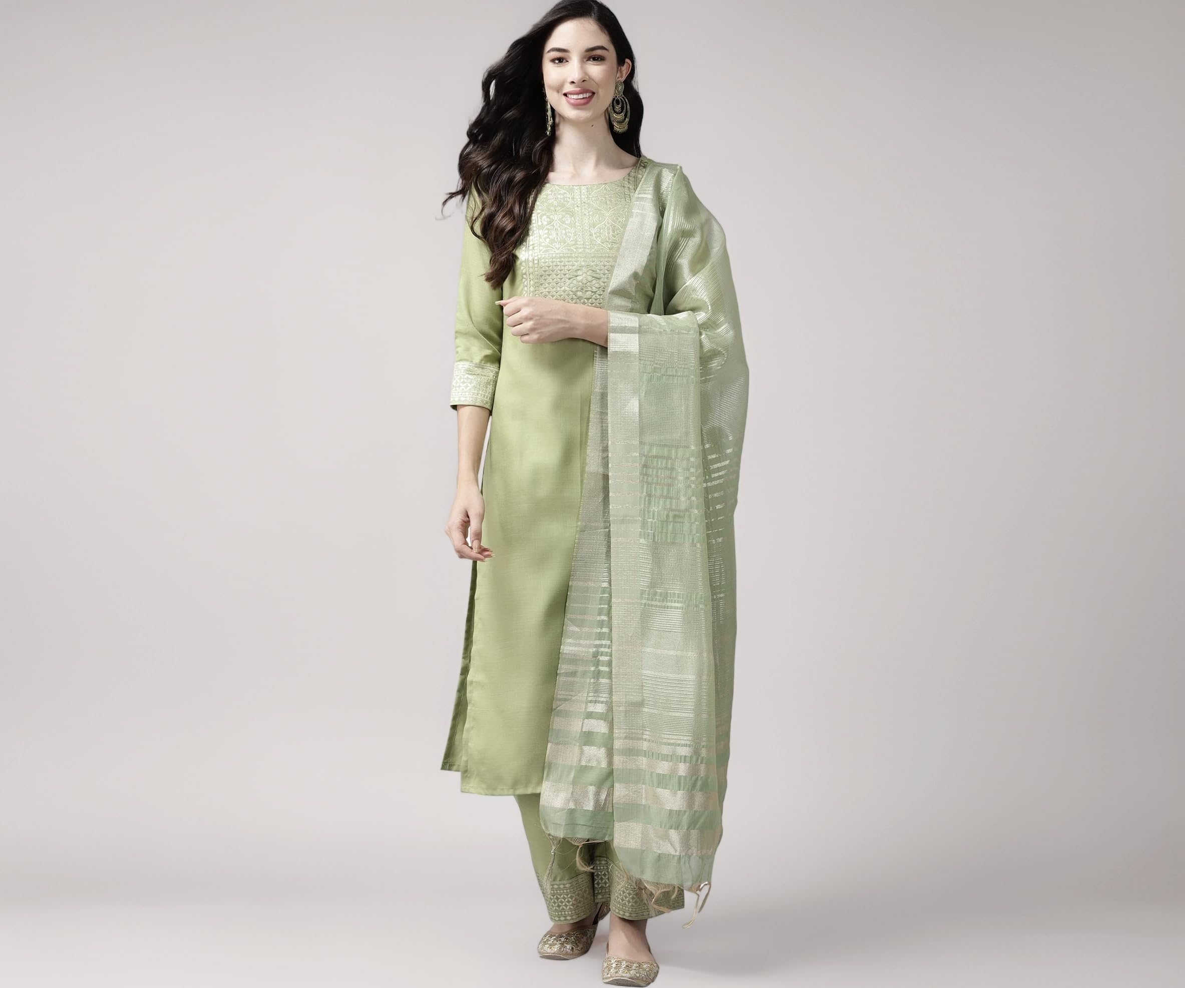 Women's Cotton Yoke Design Straight Kurta Pant with Dupatta Set