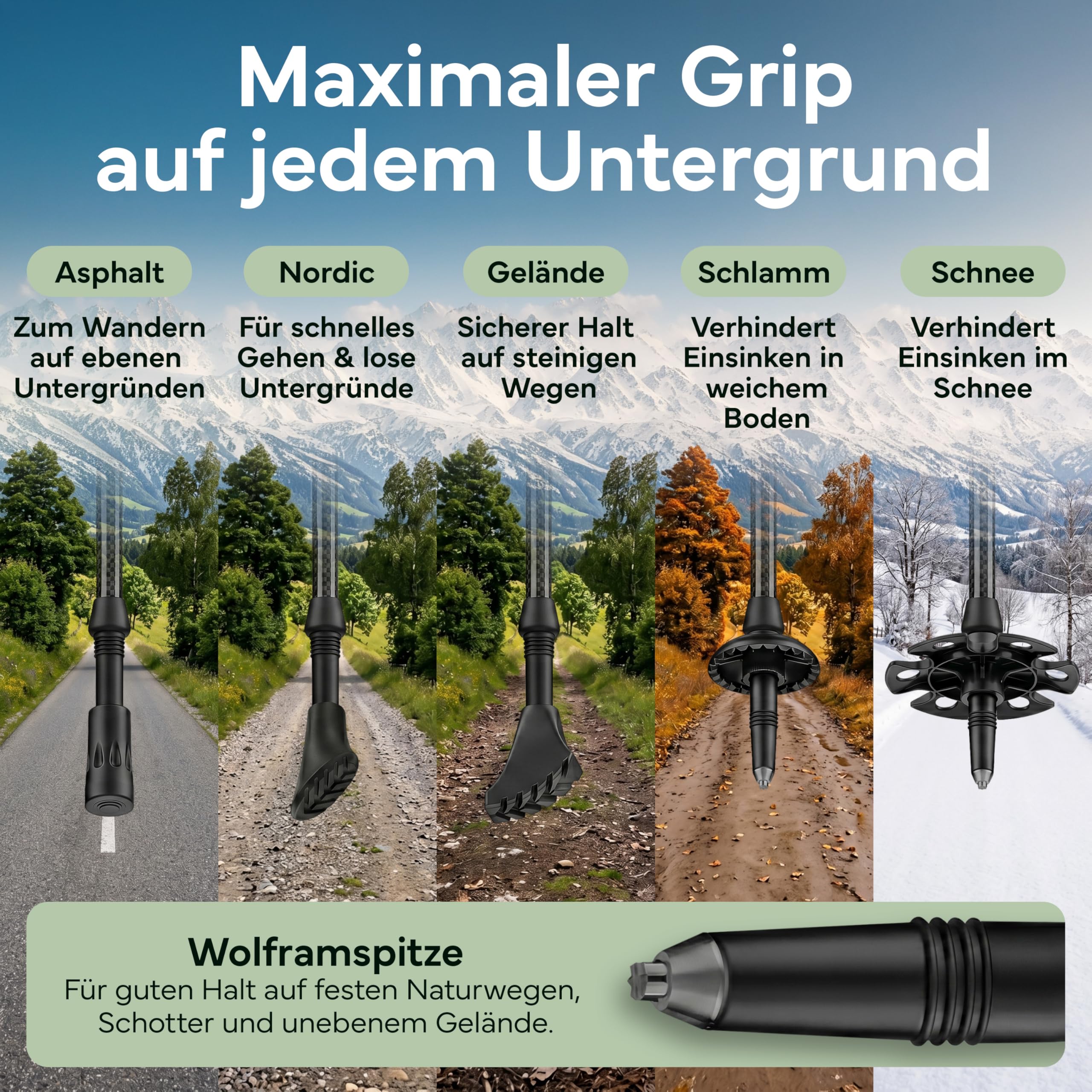 Wanderstöcke faltbar - Carbon & Aluminium für Damen & Herren - Ultraleichte Trekkingstöcke mit Korkgriff & Wolframspitze - Nordic Walking Stöcke mit Gummipuffer - Trekkingstöcke faltbar