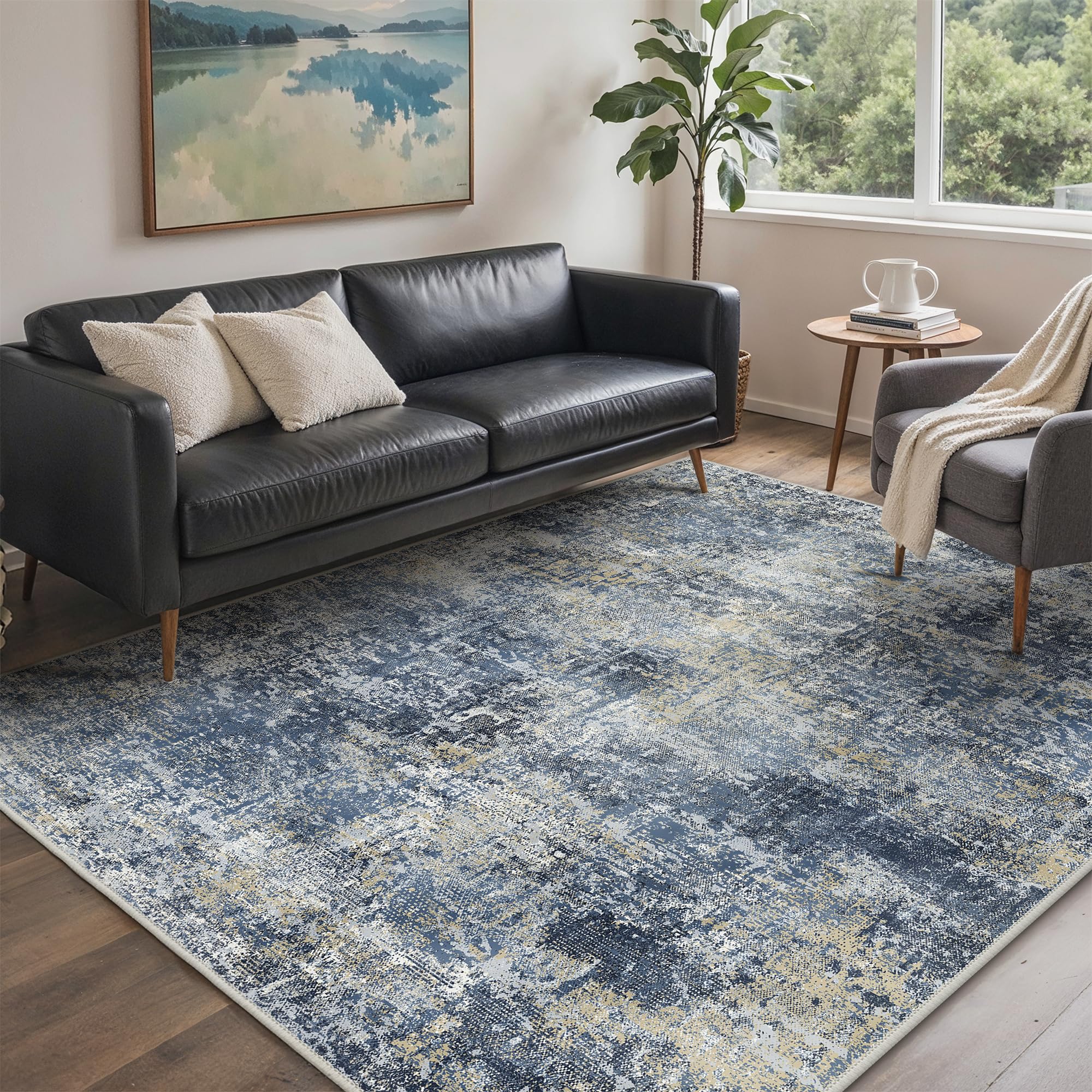 GENIMO Rug Living Room 200x290cm, Extra Large Modern Abstract Area Rugs Washable, Non-Slip Floor Carpet, Low Pile, Non-Shedding, Dining Room, Bedroom, Kitchen, Indoor, Multi-Tone Blue Abstract