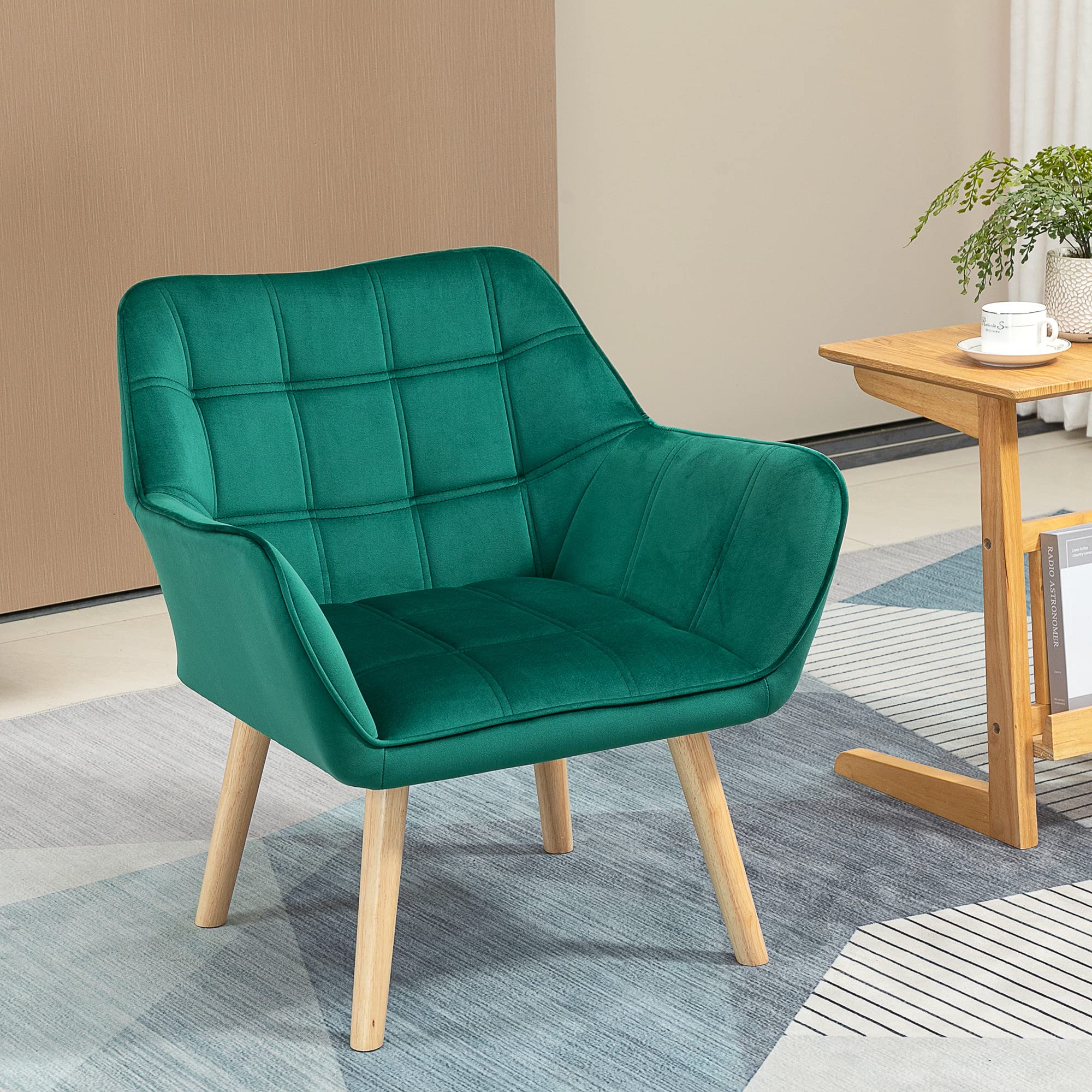HOMCOM Poltroncina da Camera Design Scandinavo, Poltrona in Velluto e Legno, Color Verde, per Soggiorno o Ufficio, 67x61.5x71cm