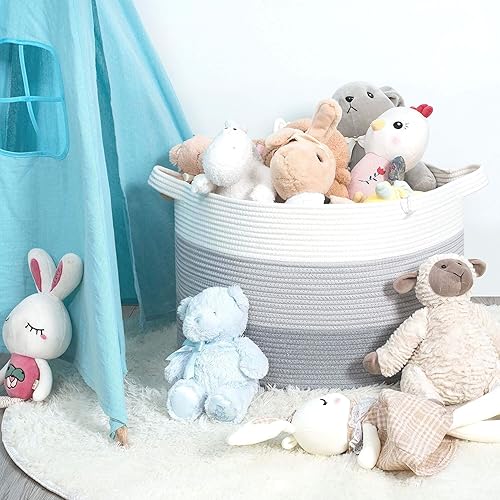 Miniatura 11 de MINTWOOD Design Cesta decorativa de cuerda de algodón tejida extragrande de 22 x 14 pulgadas, para sala de estar con asas y cesta de lavandería