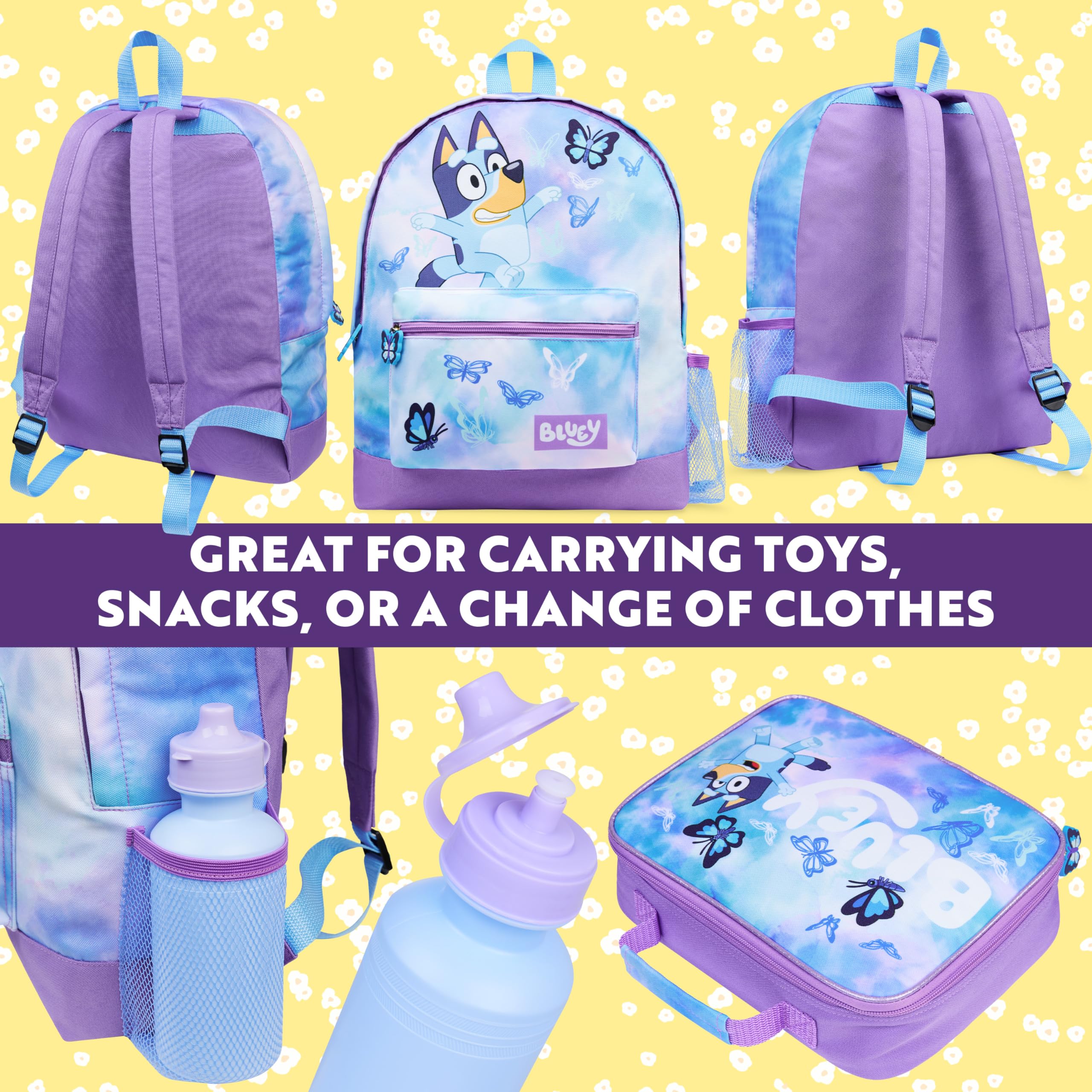 Bluey Mochilas Escolares Set de Mochila Escolar Guarderia 4 Piezas con Botella Agua Estuche Escolar Bolso Deporte o Bolsa Almuerzo Mariposa