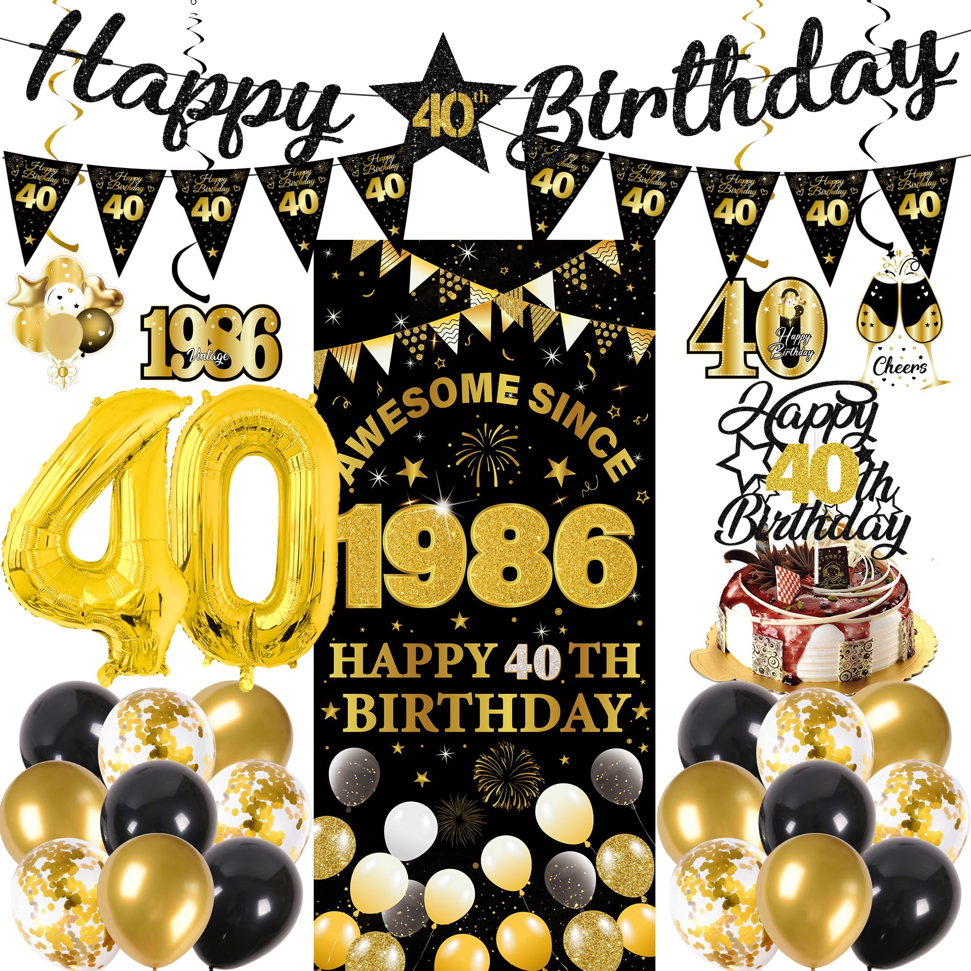 40th Birthday Decorations Men Women - 27 Pcs Black Gold Happy 40th Birthday Banner Triangular Flag Hanging Swirls Backdrop Cake Topper 40 Balloon Set for 40 Years Old Party Decoration Supplies