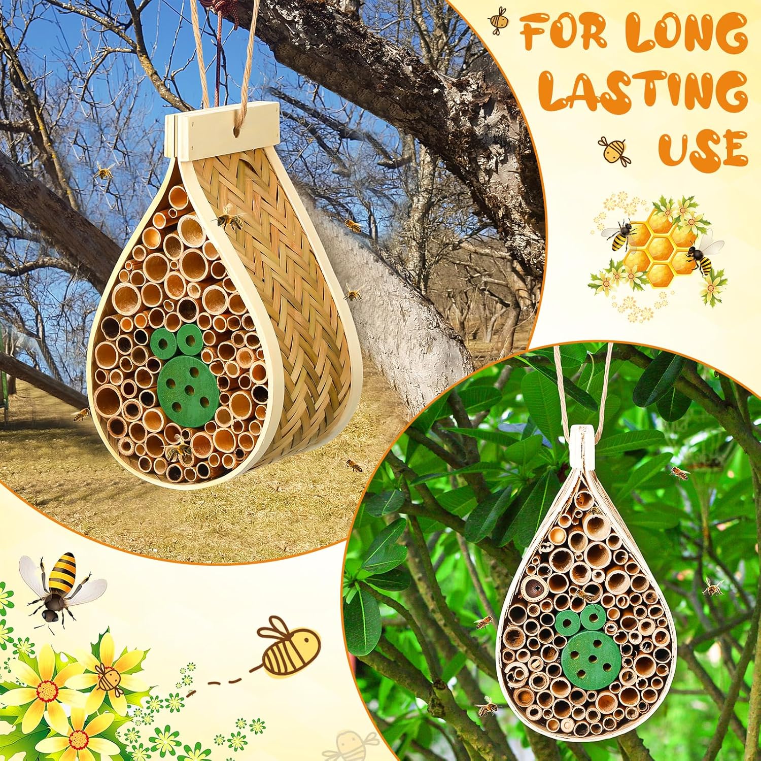 DoubleFill 2 Pcs Mason Bee House Hanging Bee Hives Wild Pollinator Bamboo Mason Bee Habitat Hotel with Tubes Beekeeping Supplies for Enhance Garden Productivity(Water Drop)