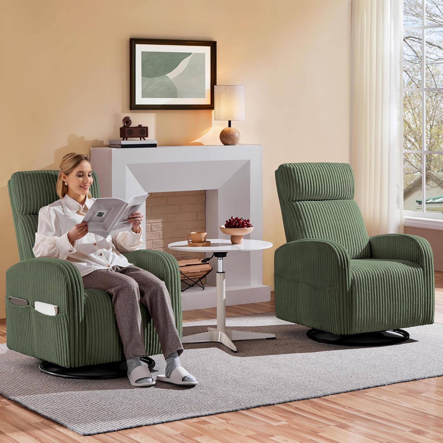 Yaheetech 360° Swivel Glider Chair for Nursery, Rocking Chair Nursing Chair with Side Pockets, Corduroy Glider for Living Room with High Back Dark Green Set of 2