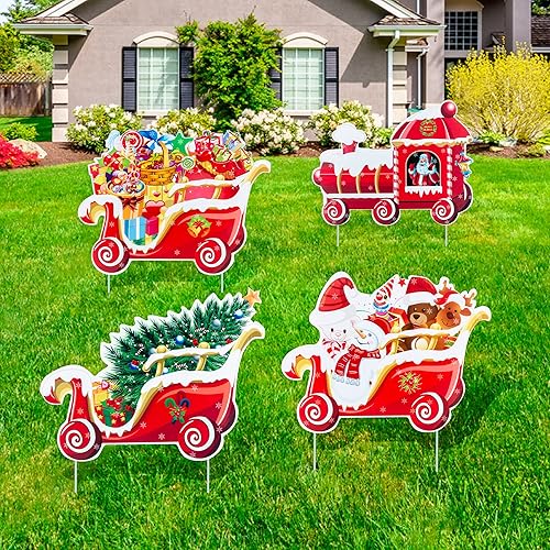 4 letreros de Navidad grandes con estacas para decoración de patio al aire libre, decoración de césped para decoraciones navideñas al aire libre